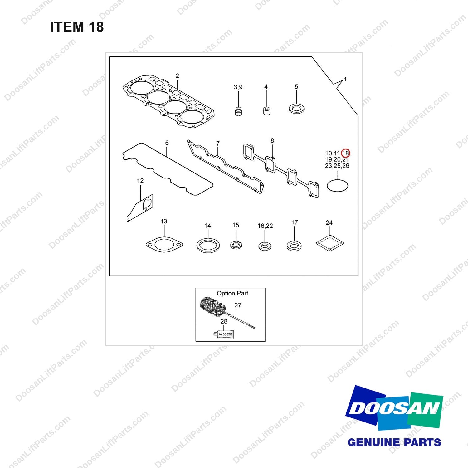 D460725 Gasket Set Gp - full parts diagram, item 18 marked - genuine Doosan / Bobcat forklift part