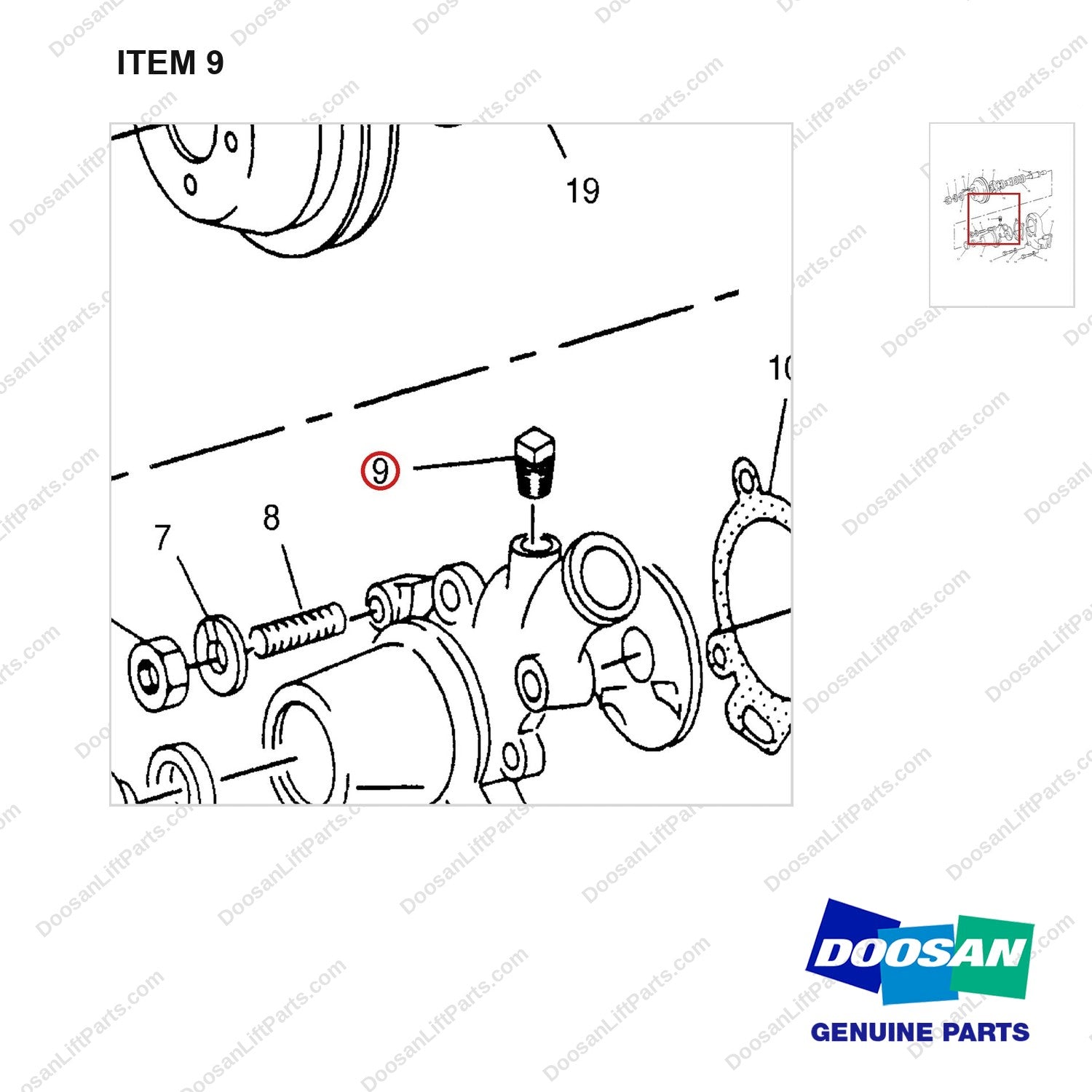 D461087 PUMP GP-WATER - parts diagram, item 9 shown - genuine Doosan / Bobcat forklift part