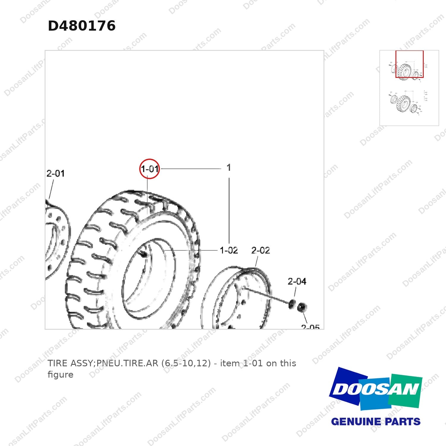 D480176 TIRE ASSY;PNEU.TIRE.AR (6.5-10,12) - parts diagram, item 1-01 shown - genuine Doosan / Bobcat forklift part