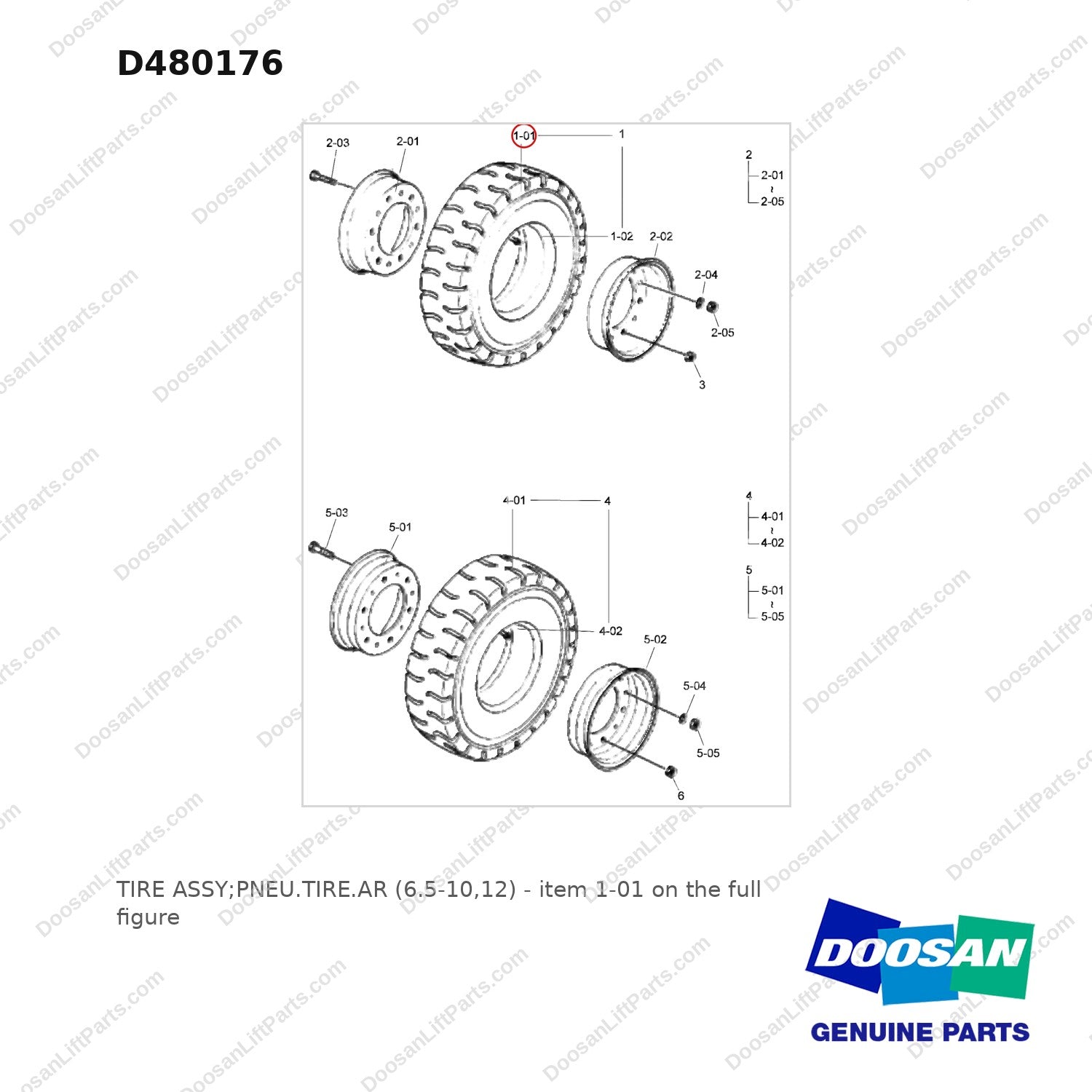 D480176 TIRE ASSY;PNEU.TIRE.AR (6.5-10,12) - full parts diagram, item 1-01 marked - genuine Doosan / Bobcat forklift part