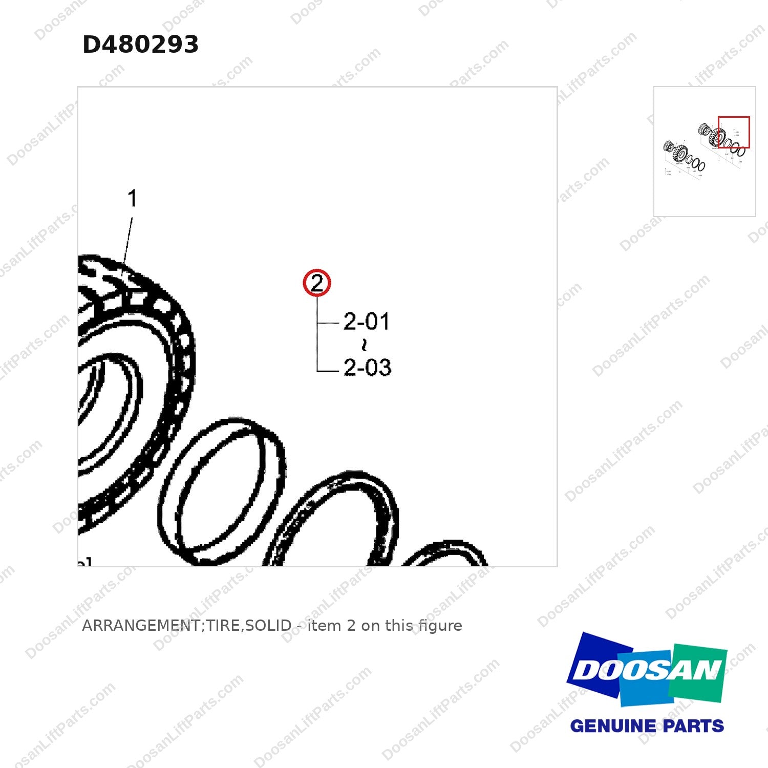 D480293 ARRANGEMENT;TIRE,SOLID - parts diagram, item 2 shown - genuine Doosan / Bobcat forklift part