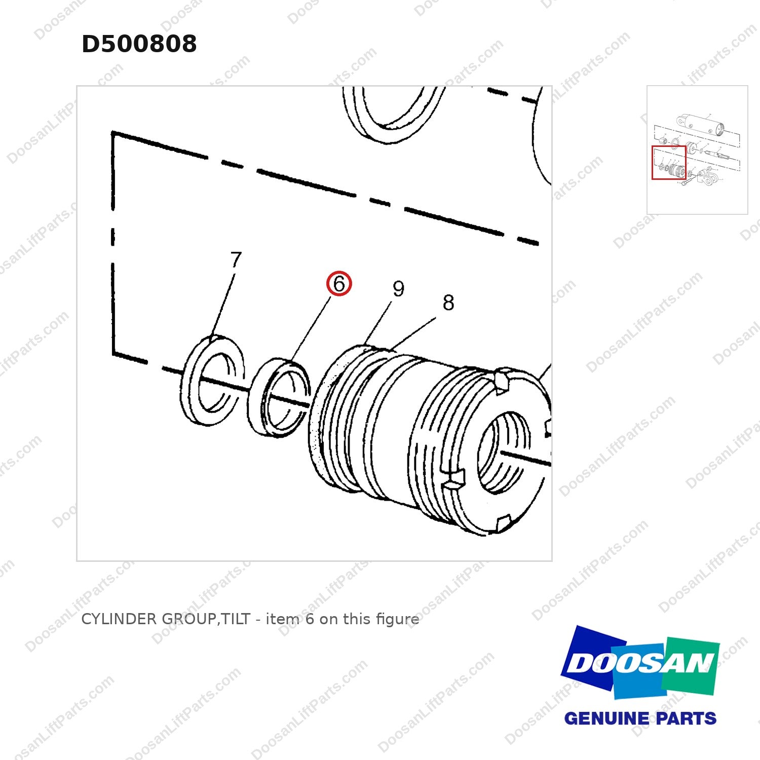 D500808 CYLINDER GROUP,TILT - parts diagram, item 6 shown - genuine Doosan / Bobcat forklift part