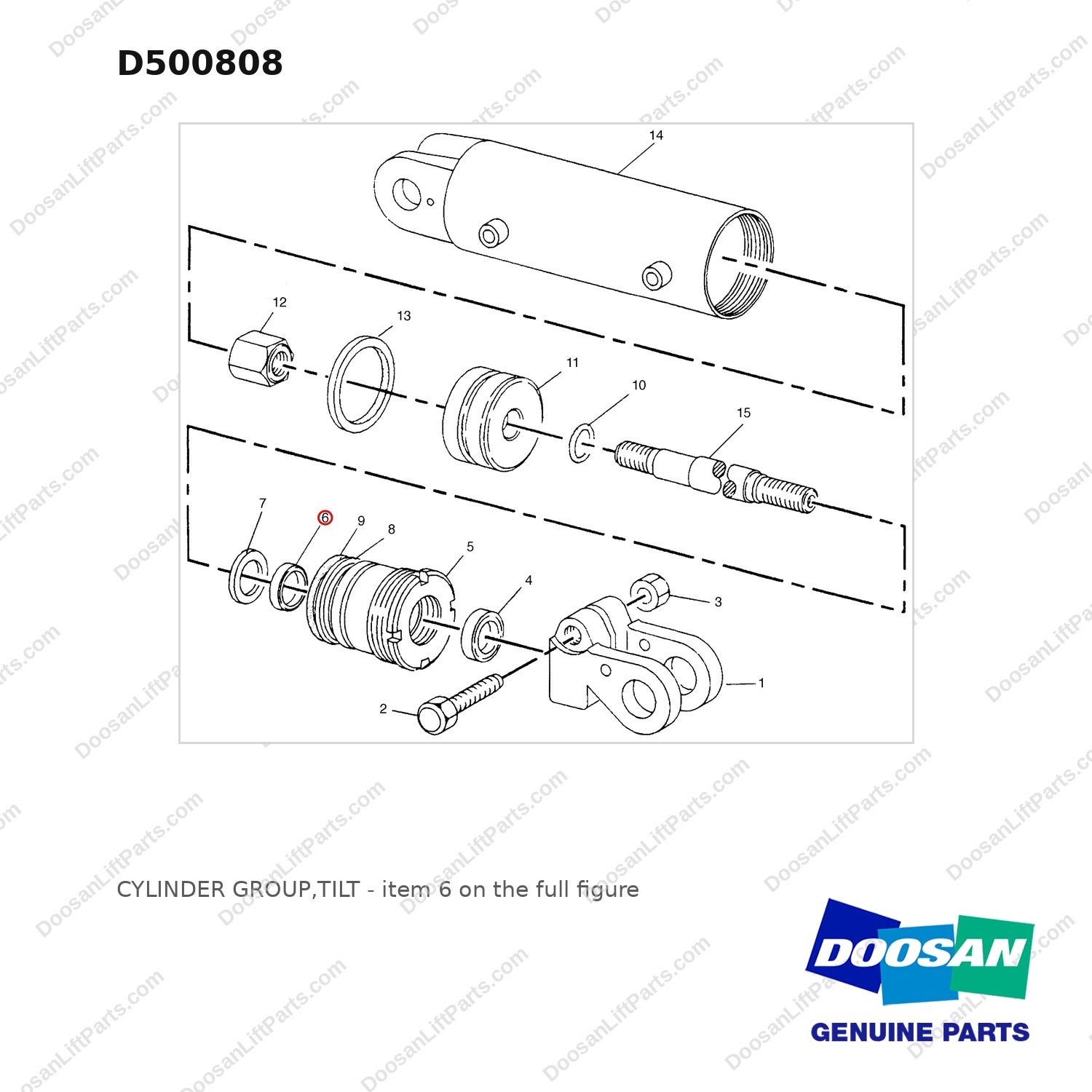 D500808 CYLINDER GROUP,TILT - full parts diagram, item 6 marked - genuine Doosan / Bobcat forklift part