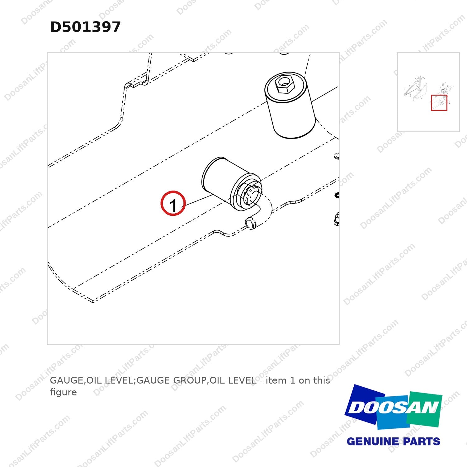 D501397 GAUGE,OIL LEVEL;GAUGE GROUP,OIL LEVEL - parts diagram, item 1 shown - genuine Doosan / Bobcat forklift part