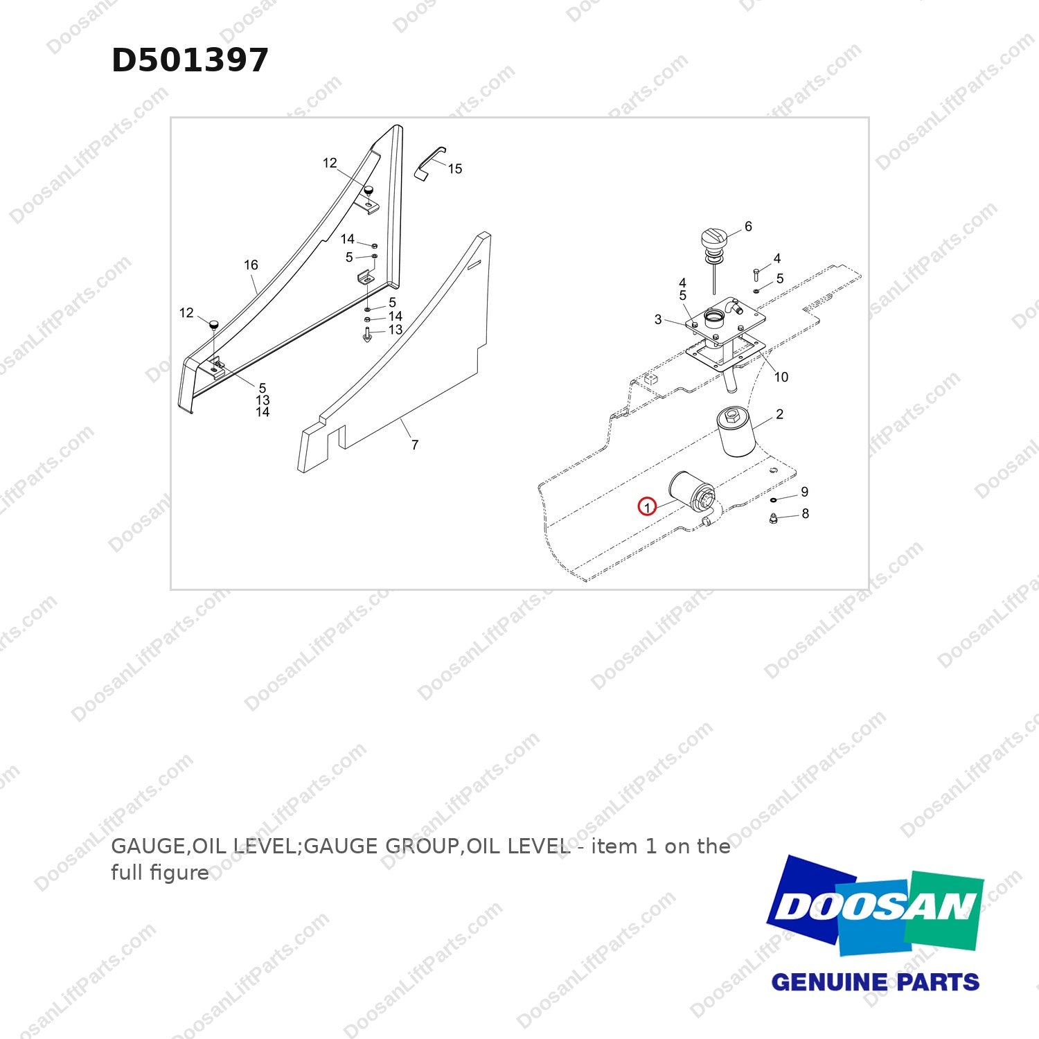 D501397 GAUGE,OIL LEVEL;GAUGE GROUP,OIL LEVEL - full parts diagram, item 1 marked - genuine Doosan / Bobcat forklift part