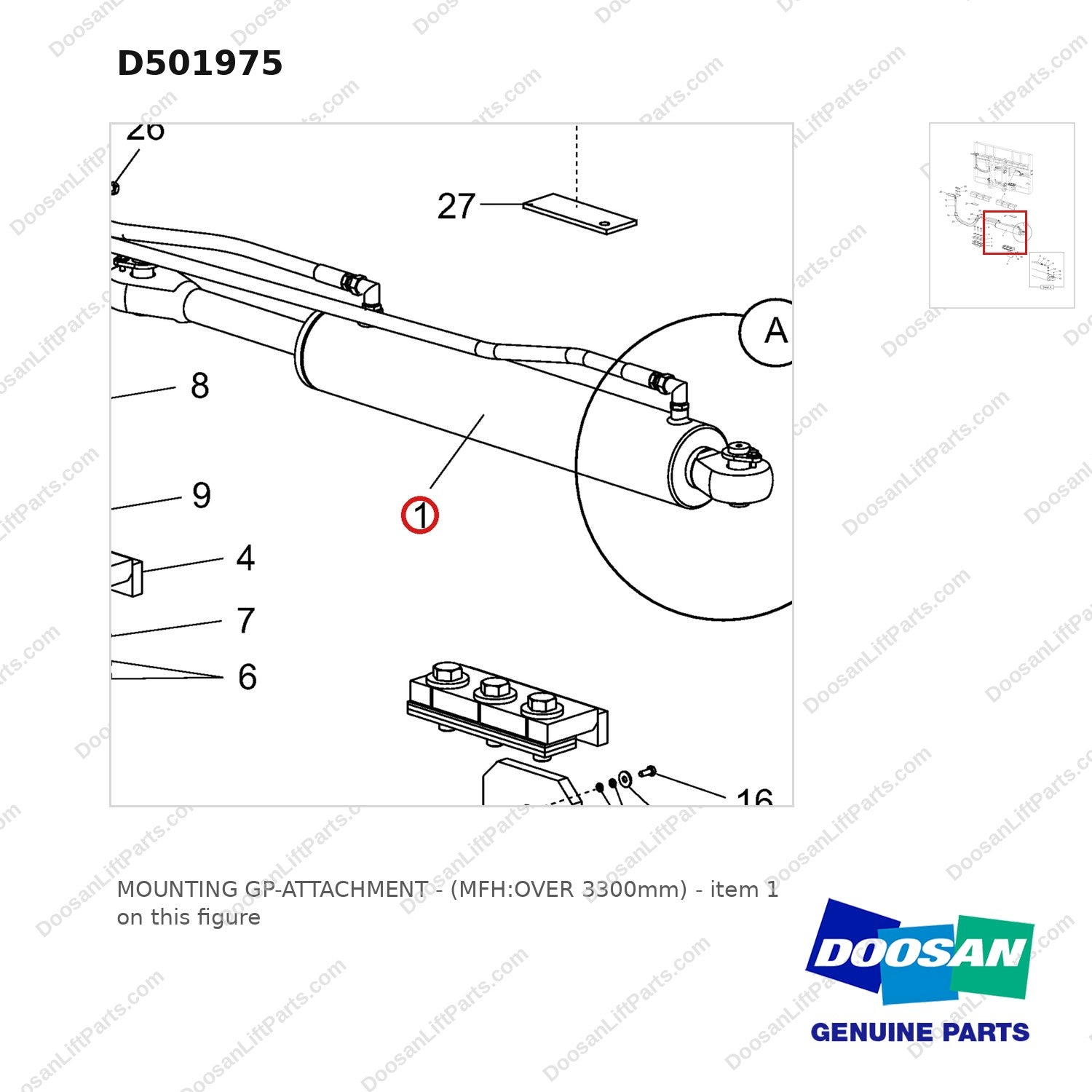 D501975 MOUNTING GP-ATTACHMENT - (MFH:OVER 3300mm) - parts diagram, item 1 shown - genuine Doosan / Bobcat forklift part
