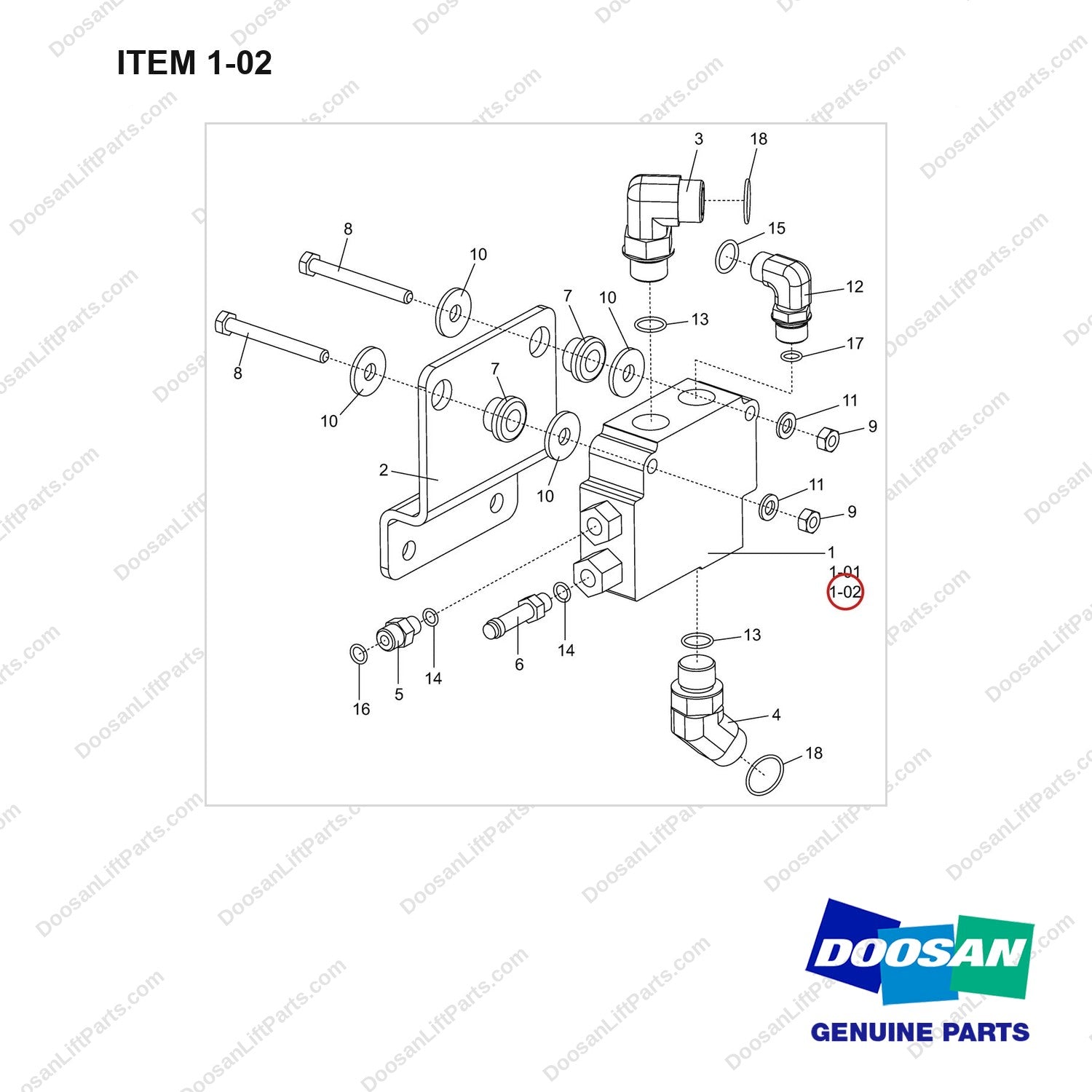 D501997 Priority Valve Ass'y - full parts diagram, item 1-02 marked - genuine Doosan / Bobcat forklift part