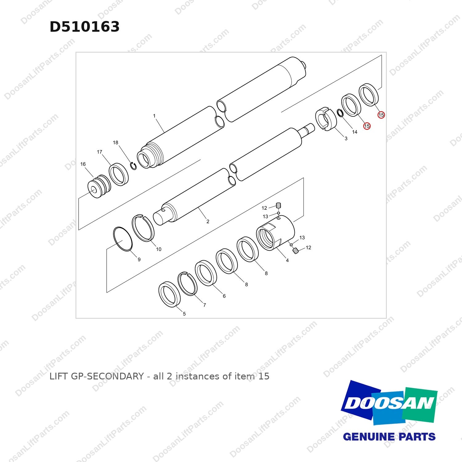 D510163 LIFT GP-SECONDARY - full parts diagram, item 15 marked - genuine Doosan / Bobcat forklift part