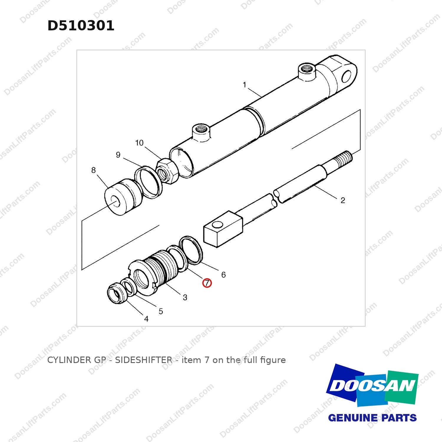 D510301 CYLINDER GP - SIDESHIFTER - full parts diagram, item 7 marked - genuine Doosan / Bobcat forklift part
