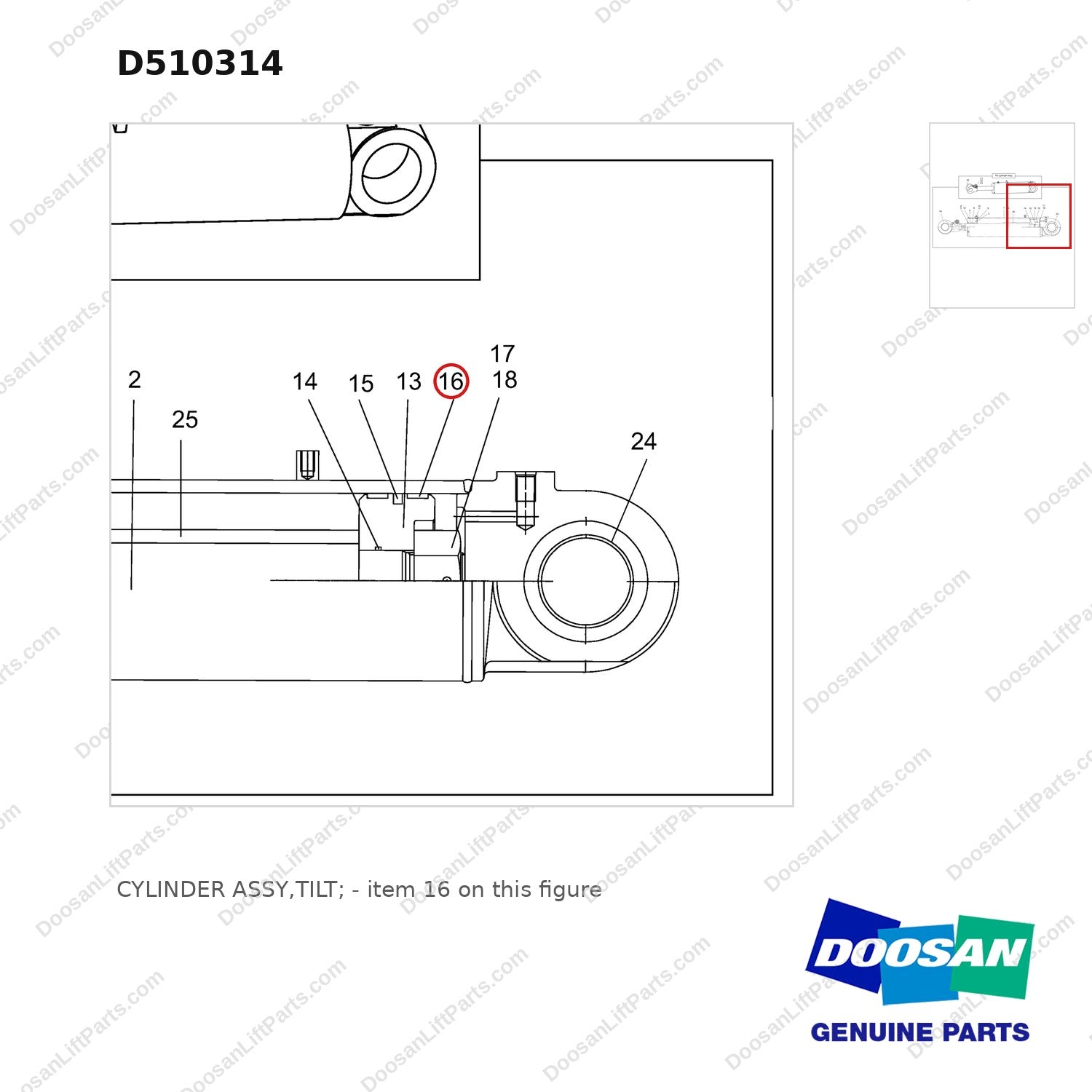 D510314 CYLINDER ASSY,TILT; - parts diagram, item 16 shown - genuine Doosan / Bobcat forklift part