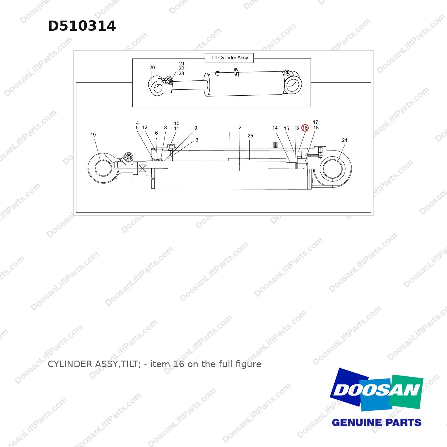D510314 CYLINDER ASSY,TILT; - full parts diagram, item 16 marked - genuine Doosan / Bobcat forklift part