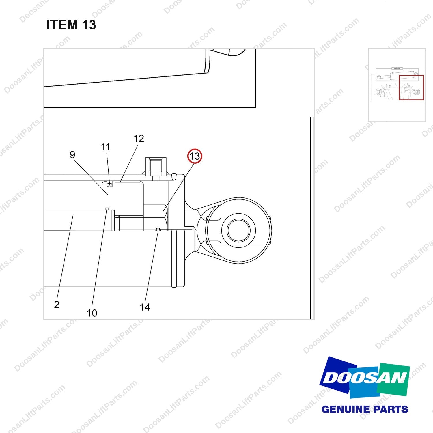 D510561 CYLINDER,SIDE SHIFT;ATTACHMENT - parts diagram, item 13 shown - genuine Doosan / Bobcat forklift part