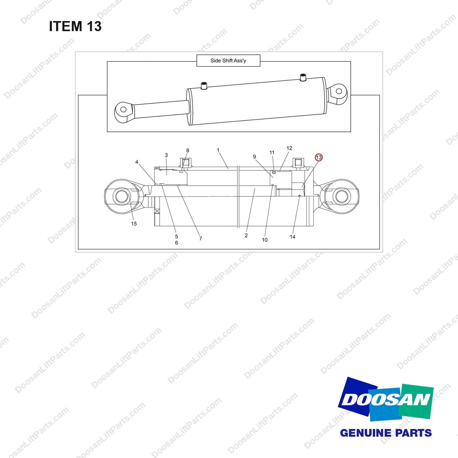 D510561 CYLINDER,SIDE SHIFT;ATTACHMENT - full parts diagram, item 13 marked - genuine Doosan / Bobcat forklift part