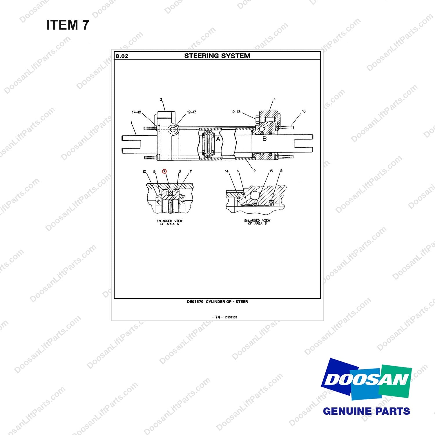 D510673 CYLINDER GP-STEER - full parts diagram, item 7 marked - genuine Doosan / Bobcat forklift part