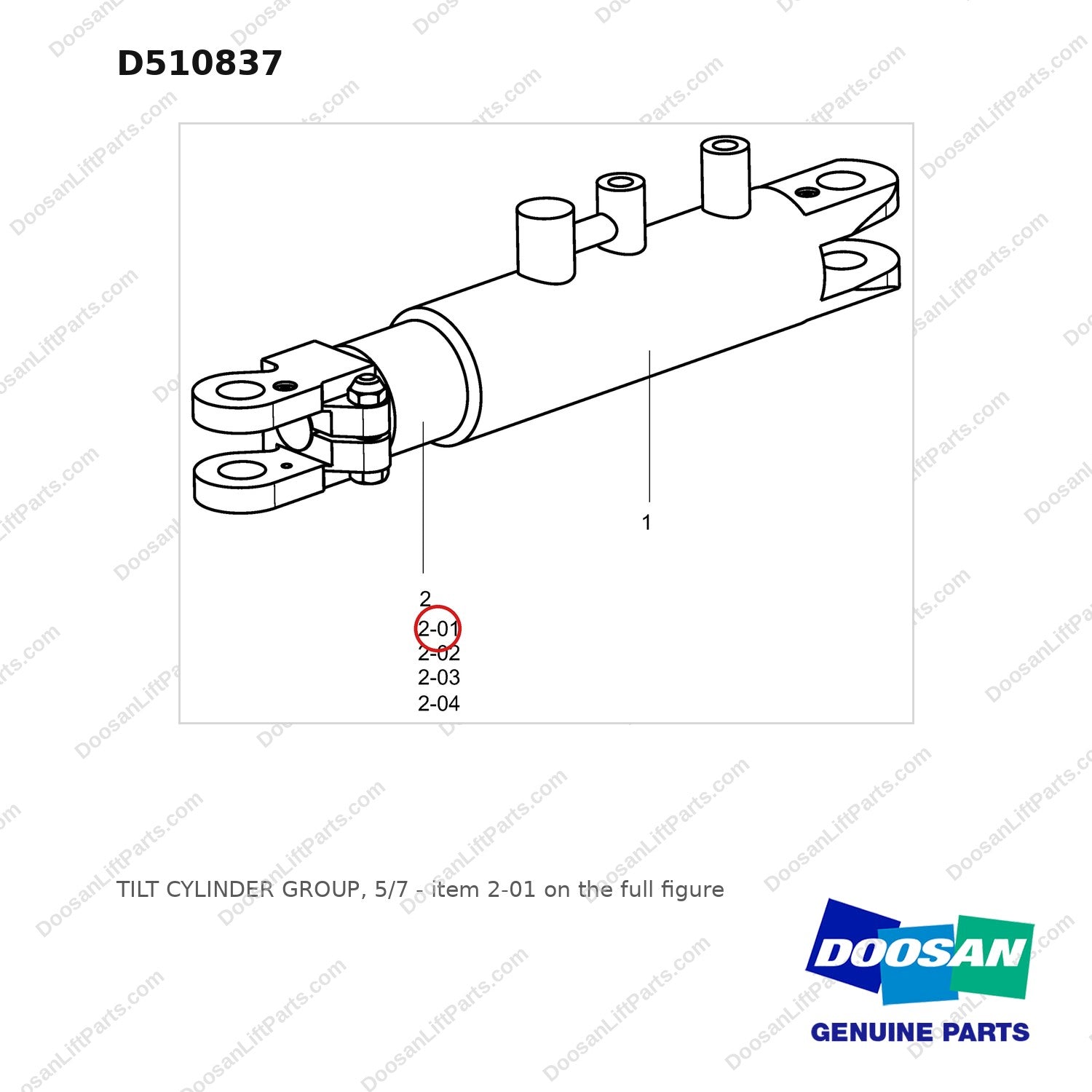 D510837 TILT CYLINDER GROUP, 5/7 - full parts diagram, item 2-01 marked - genuine Doosan / Bobcat forklift part