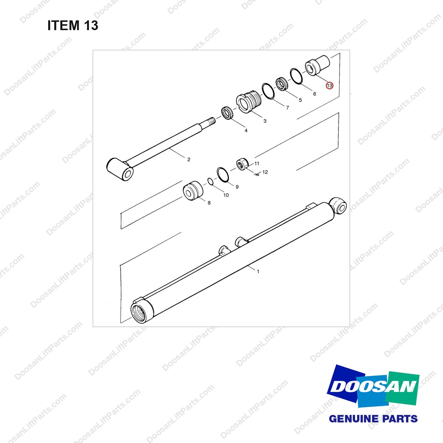 D510879 Reach Cylinder Assy - full parts diagram, item 13 marked - genuine Doosan / Bobcat forklift part