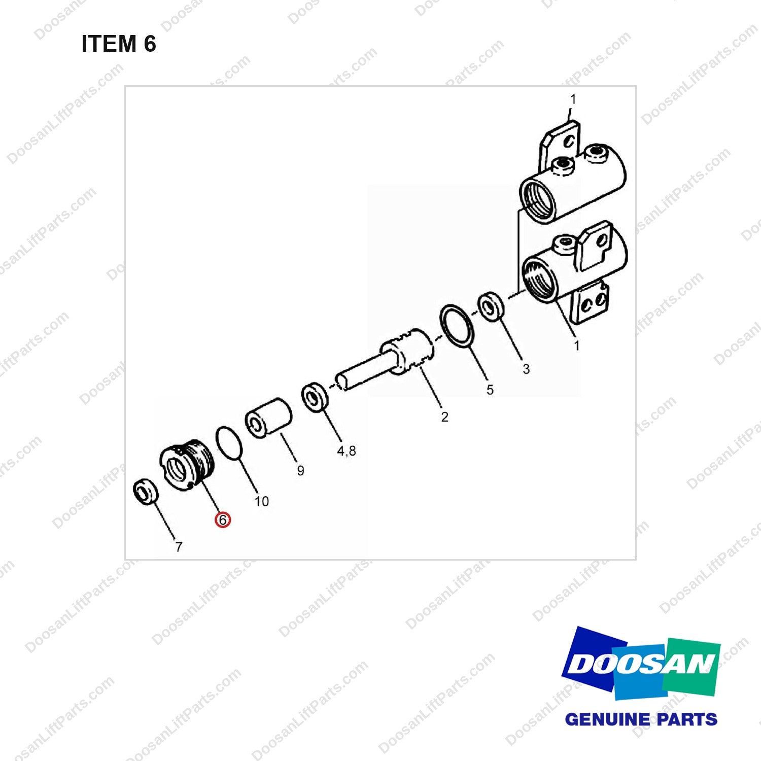 D511153 Tilt Cylinder - LH - full parts diagram, item 6 marked - genuine Doosan / Bobcat forklift part