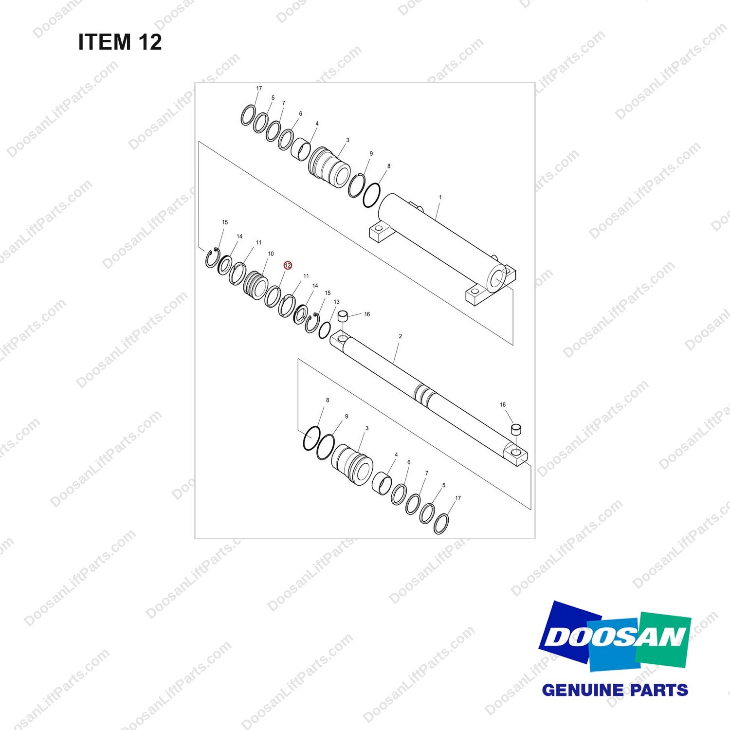 D511509 CYLINDER GP-P/S - full parts diagram, item 12 marked - genuine Doosan / Bobcat forklift part