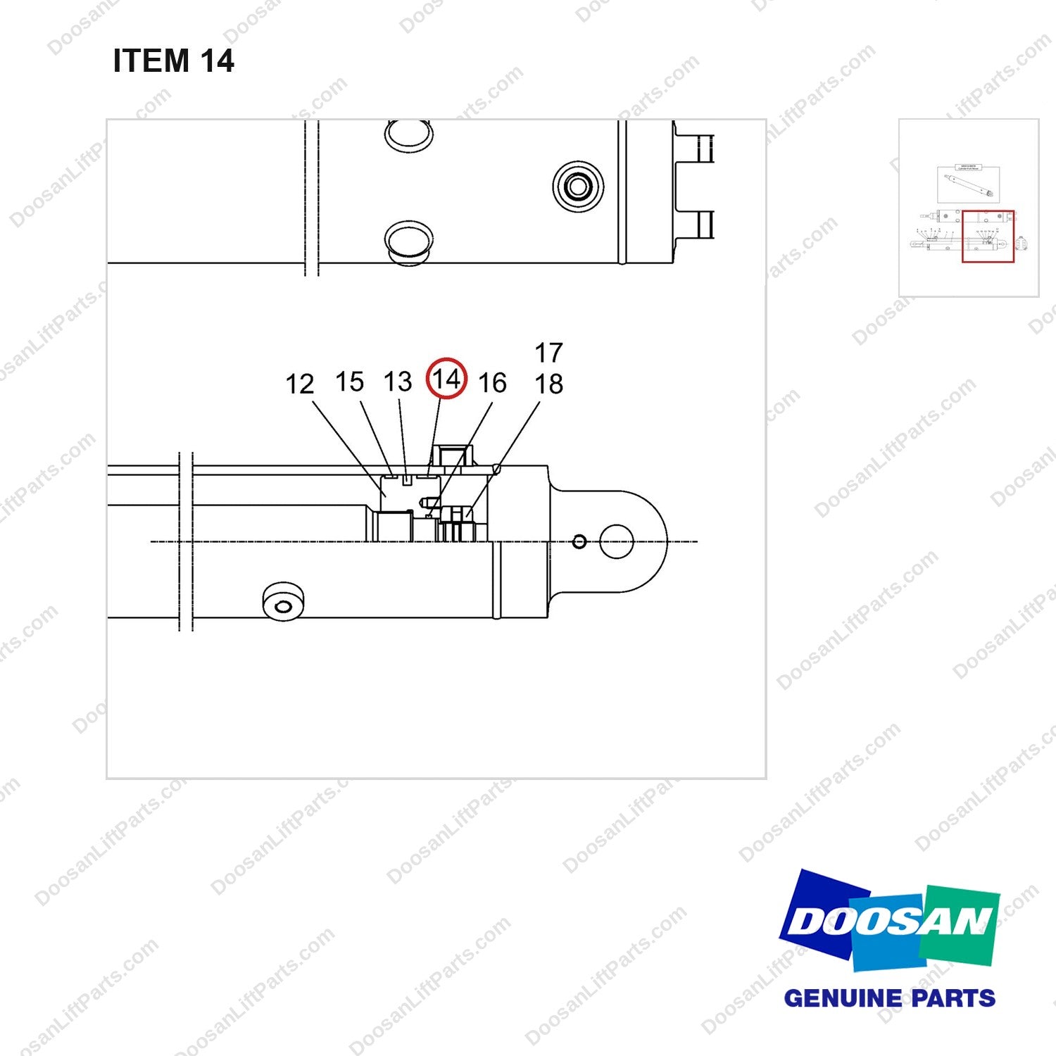 D511680 CYLINDER,FORK - parts diagram, item 14 shown - genuine Doosan / Bobcat forklift part