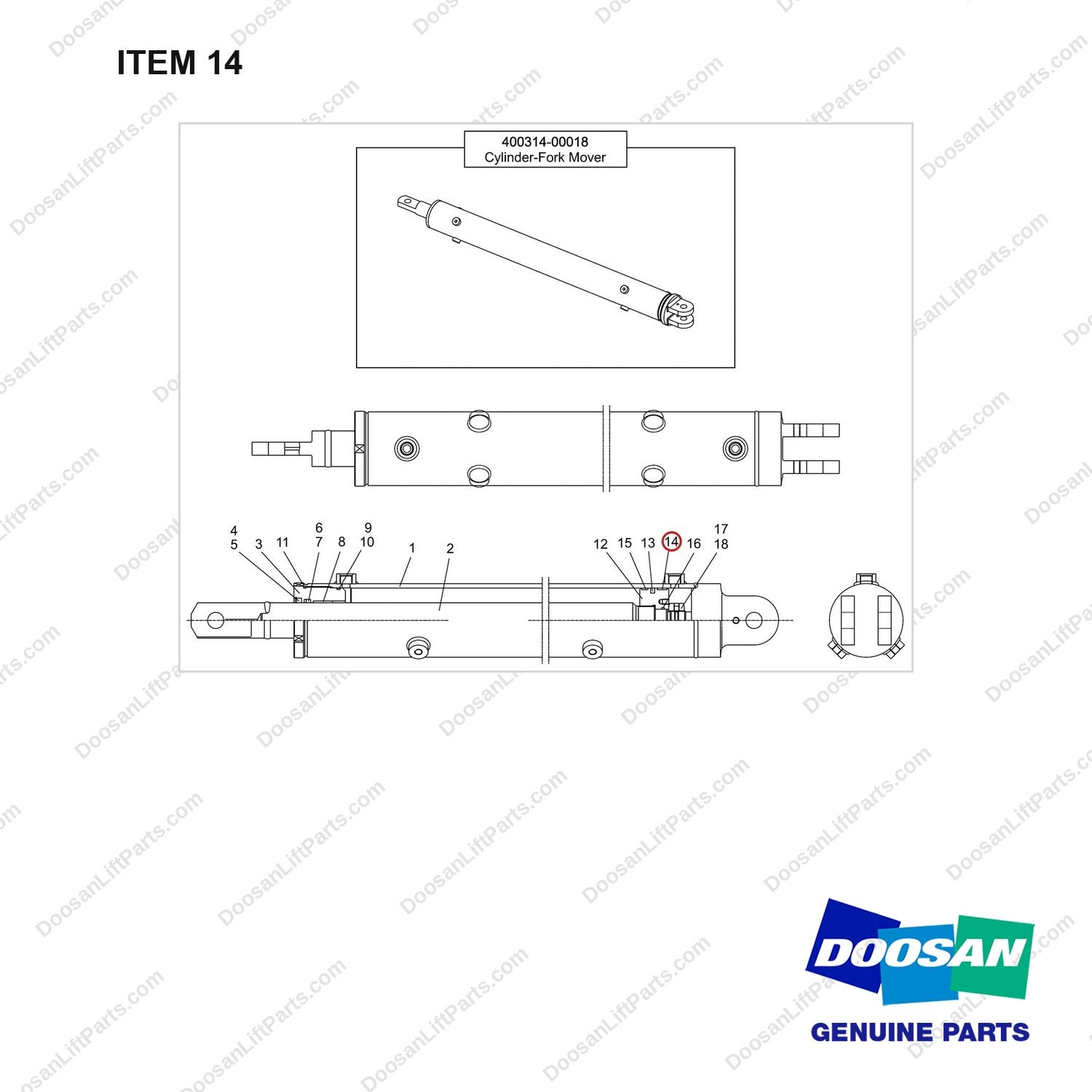 D511680 CYLINDER,FORK - full parts diagram, item 14 marked - genuine Doosan / Bobcat forklift part