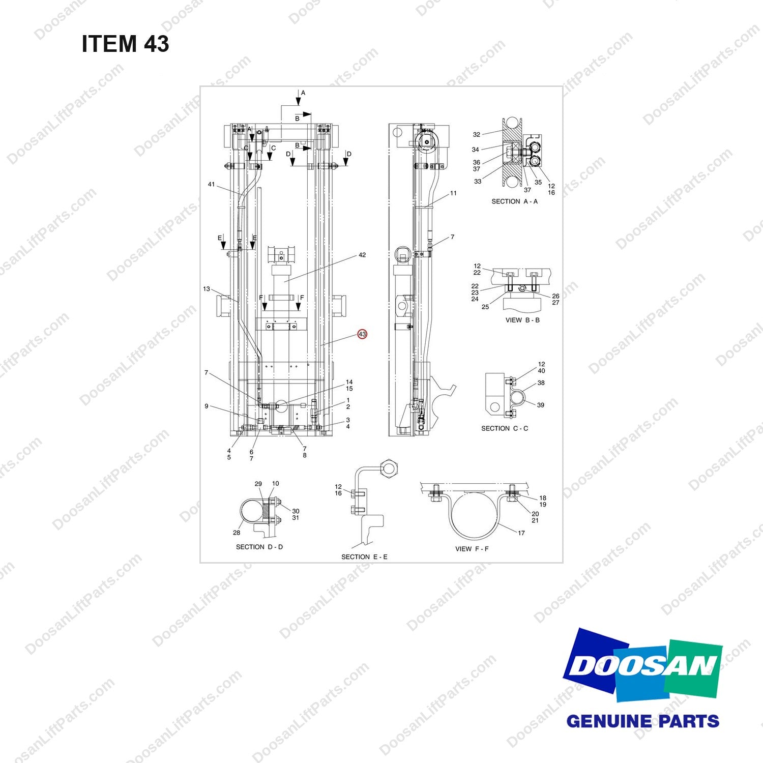 D511790 MTG GP-LIFT - BSC(FFT) - full parts diagram, item 43 marked - genuine Doosan / Bobcat forklift part