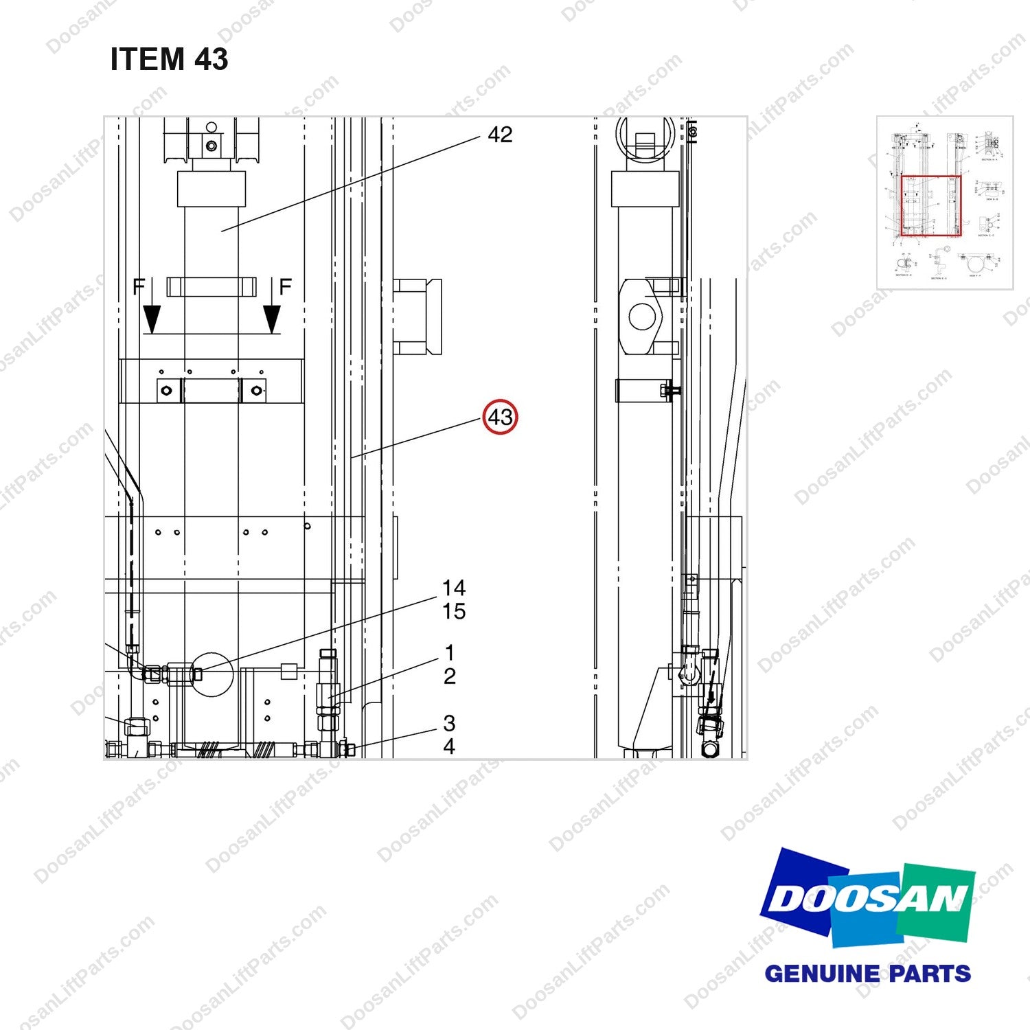 D511790 MTG GP-LIFT - BSC(FFT) - parts diagram, item 43 shown - genuine Doosan / Bobcat forklift part