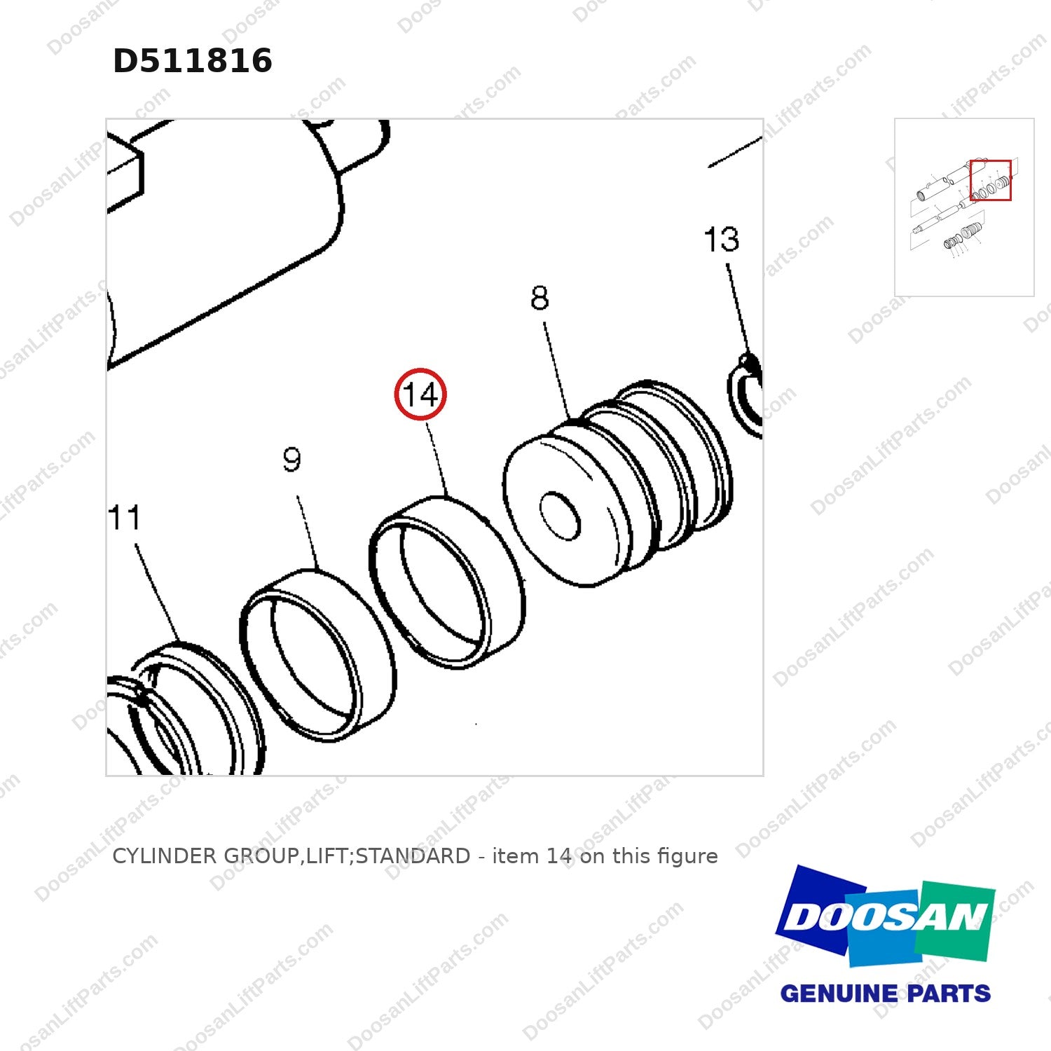 D511816 CYLINDER GROUP,LIFT;STANDARD - parts diagram, item 14 shown - genuine Doosan / Bobcat forklift part