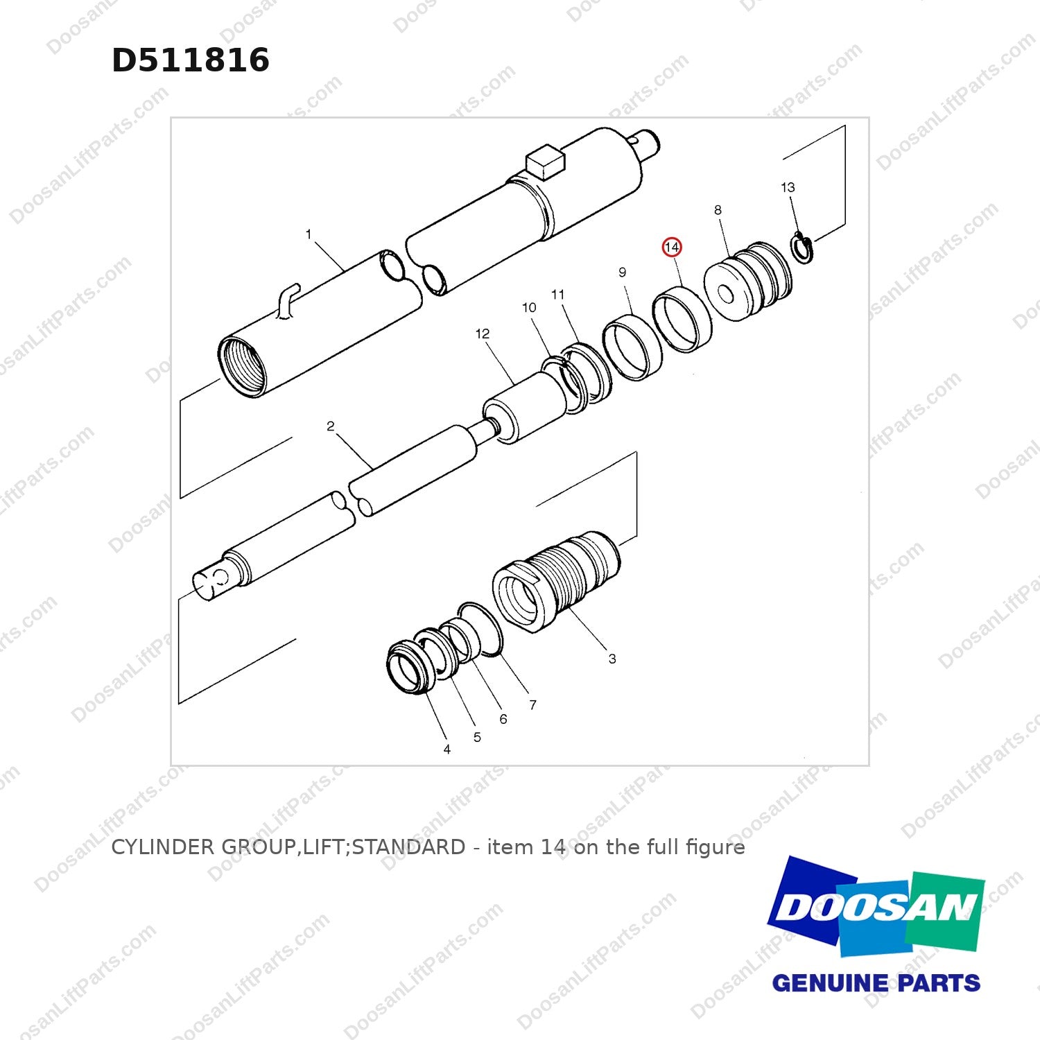 D511816 CYLINDER GROUP,LIFT;STANDARD - full parts diagram, item 14 marked - genuine Doosan / Bobcat forklift part