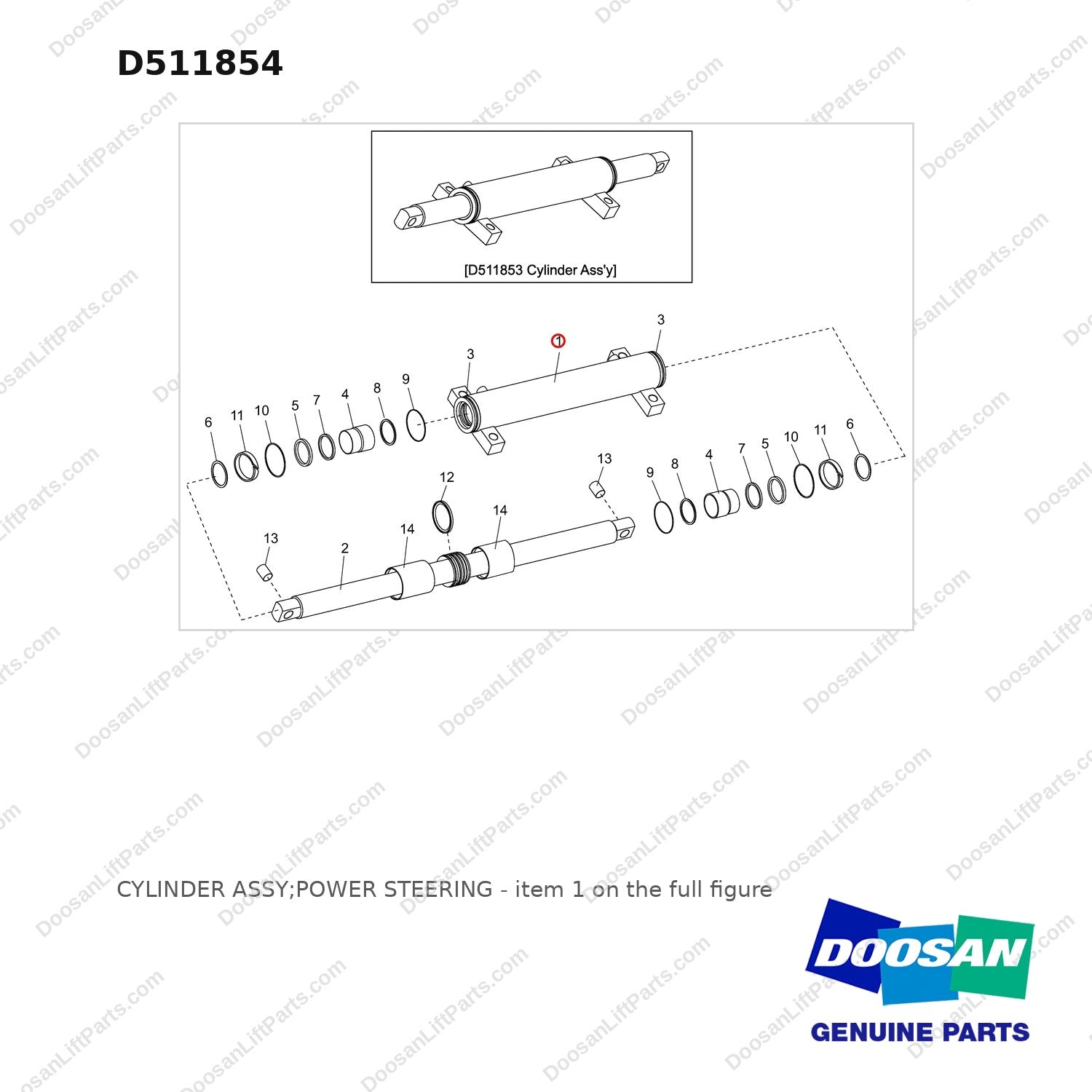 D511854 CYLINDER ASSY;POWER STEERING - full parts diagram, item 1 marked - genuine Doosan / Bobcat forklift part