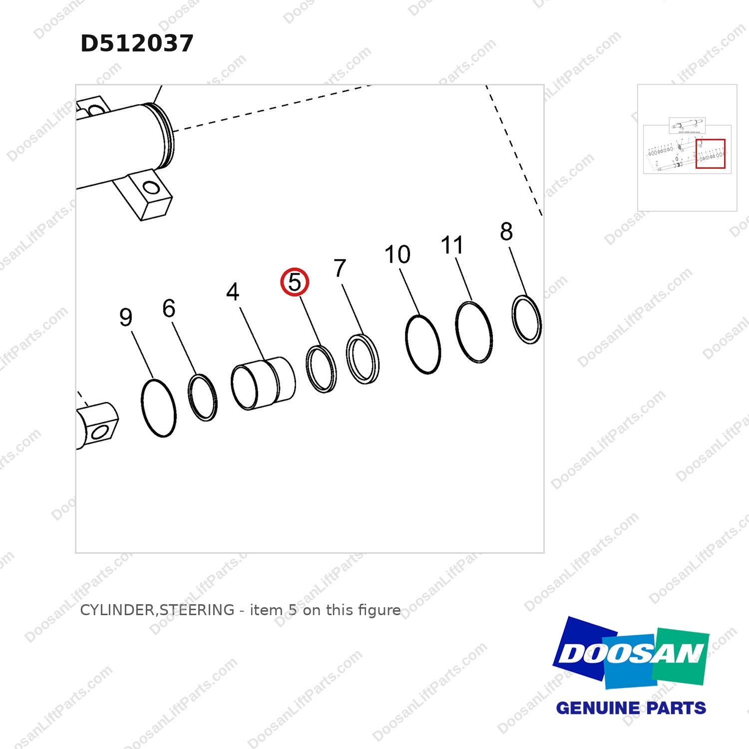 D512037 CYLINDER,STEERING - parts diagram, item 5 shown - genuine Doosan / Bobcat forklift part