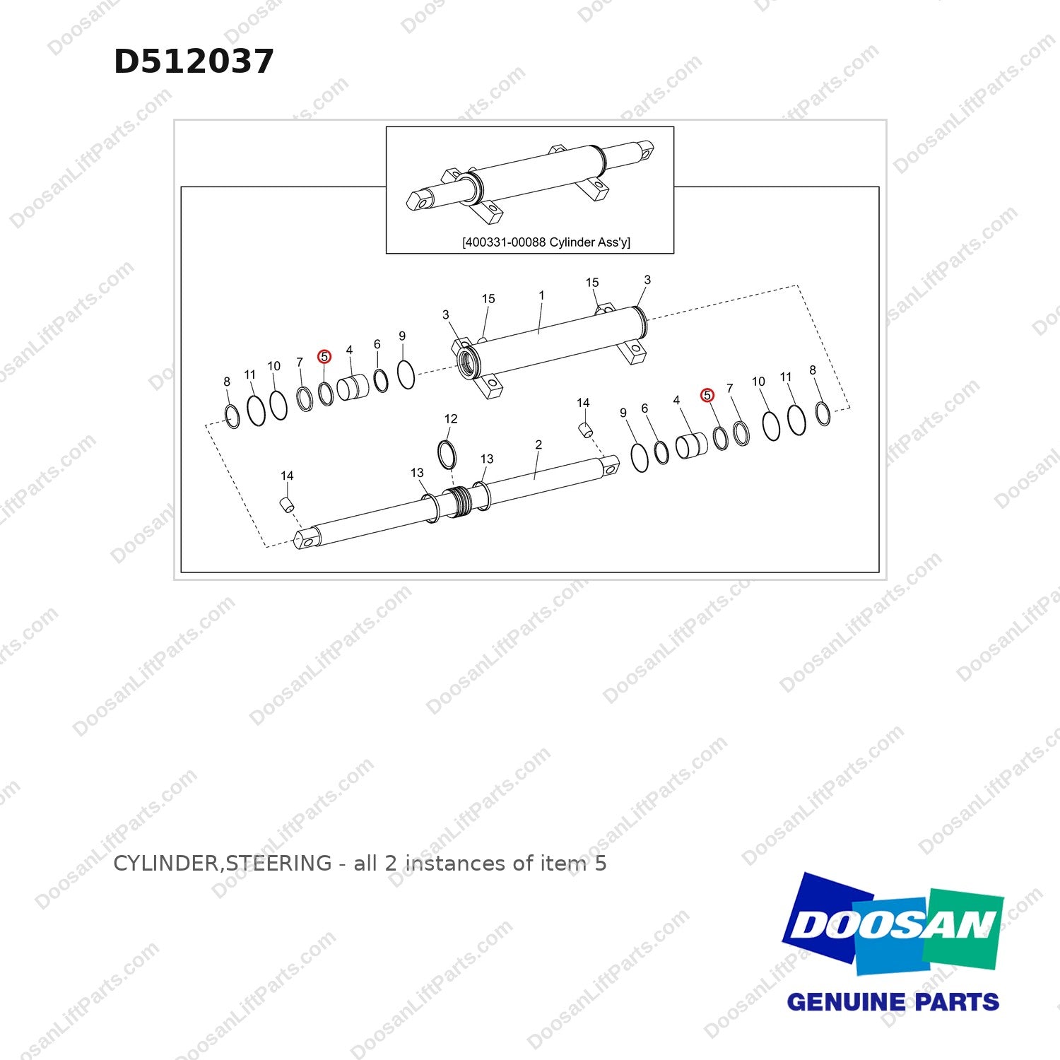 D512037 CYLINDER,STEERING - full parts diagram, item 5 marked - genuine Doosan / Bobcat forklift part