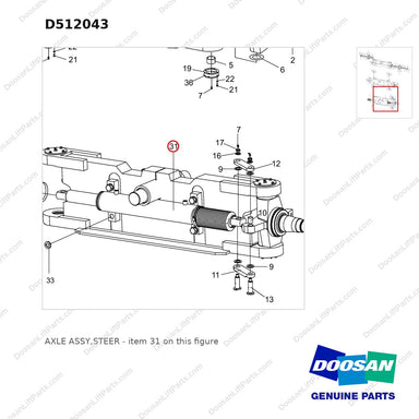 D512043 AXLE ASSY,STEER - parts diagram, item 31 shown - genuine Doosan / Bobcat forklift part