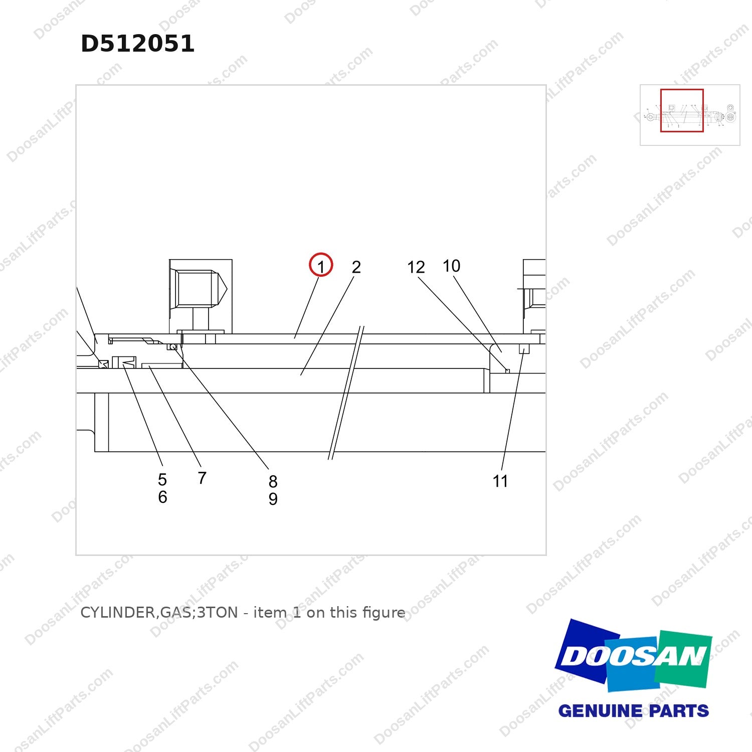 D512051 CYLINDER,GAS;3TON - parts diagram, item 1 shown - genuine Doosan / Bobcat forklift part