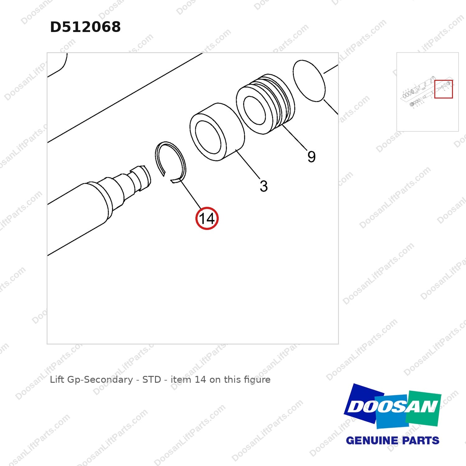D512068 Lift Gp-Secondary - STD - parts diagram, item 14 shown - genuine Doosan / Bobcat forklift part