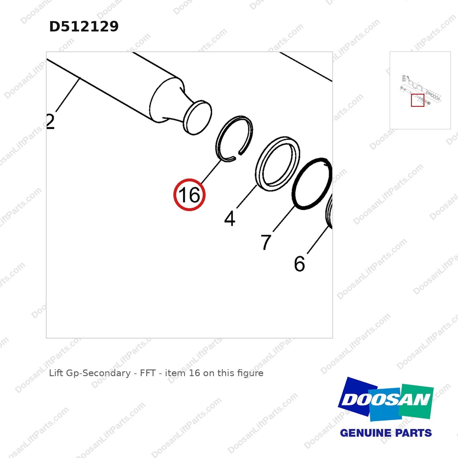 D512129 Lift Gp-Secondary - FFT - parts diagram, item 16 shown - genuine Doosan / Bobcat forklift part