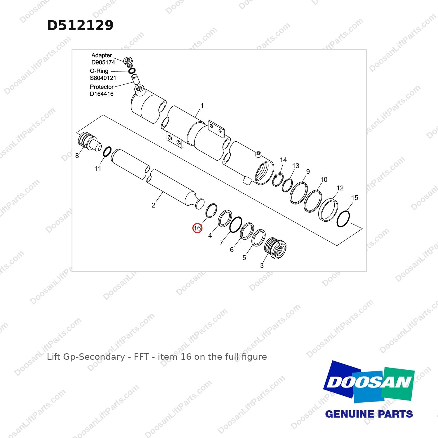 D512129 Lift Gp-Secondary - FFT - full parts diagram, item 16 marked - genuine Doosan / Bobcat forklift part