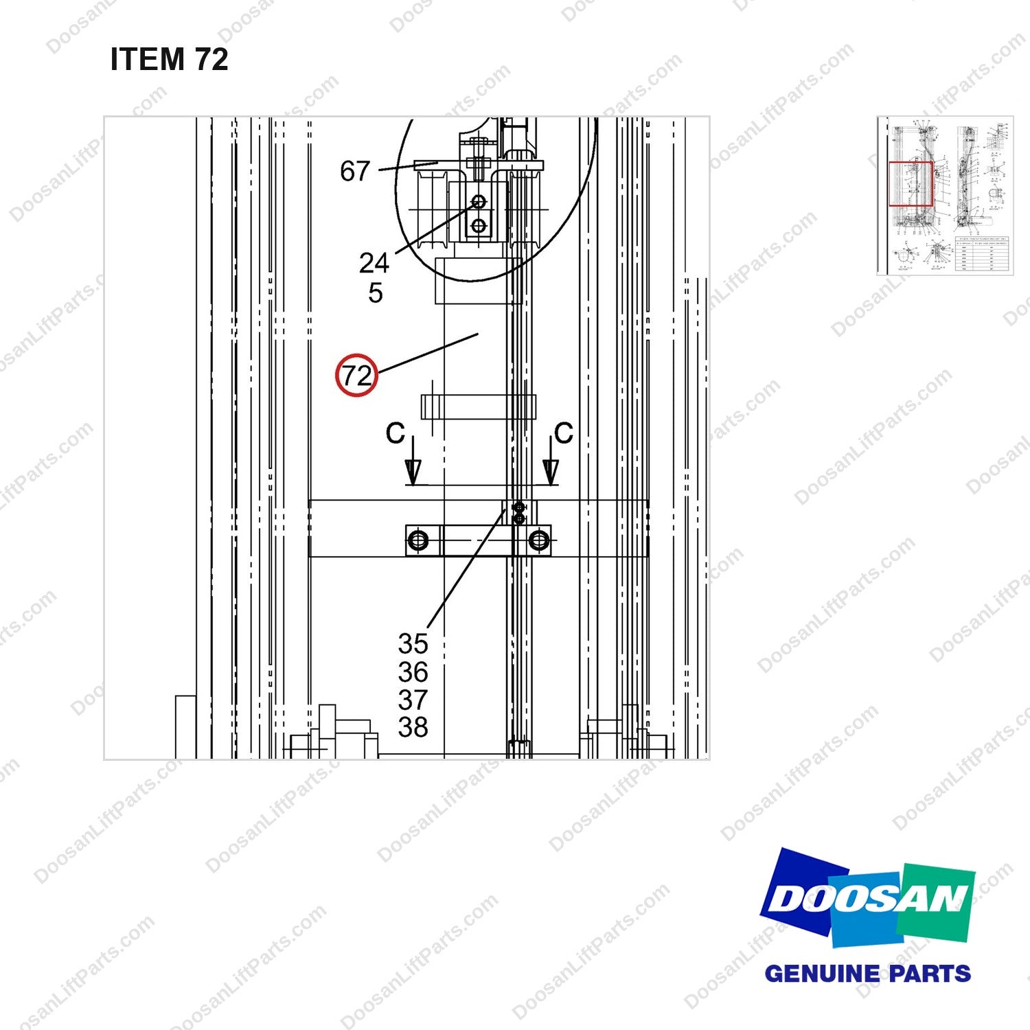 D512255 LIFT & TILT MOUNTING - parts diagram, item 72 shown - genuine Doosan / Bobcat forklift part