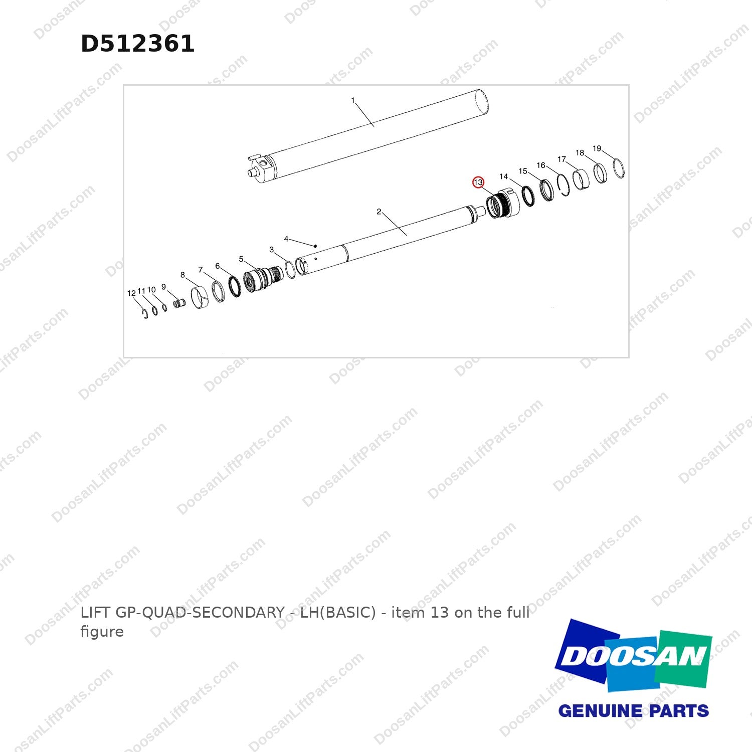 D512361 LIFT GP-QUAD-SECONDARY - LH(BASIC) - full parts diagram, item 13 marked - genuine Doosan / Bobcat forklift part