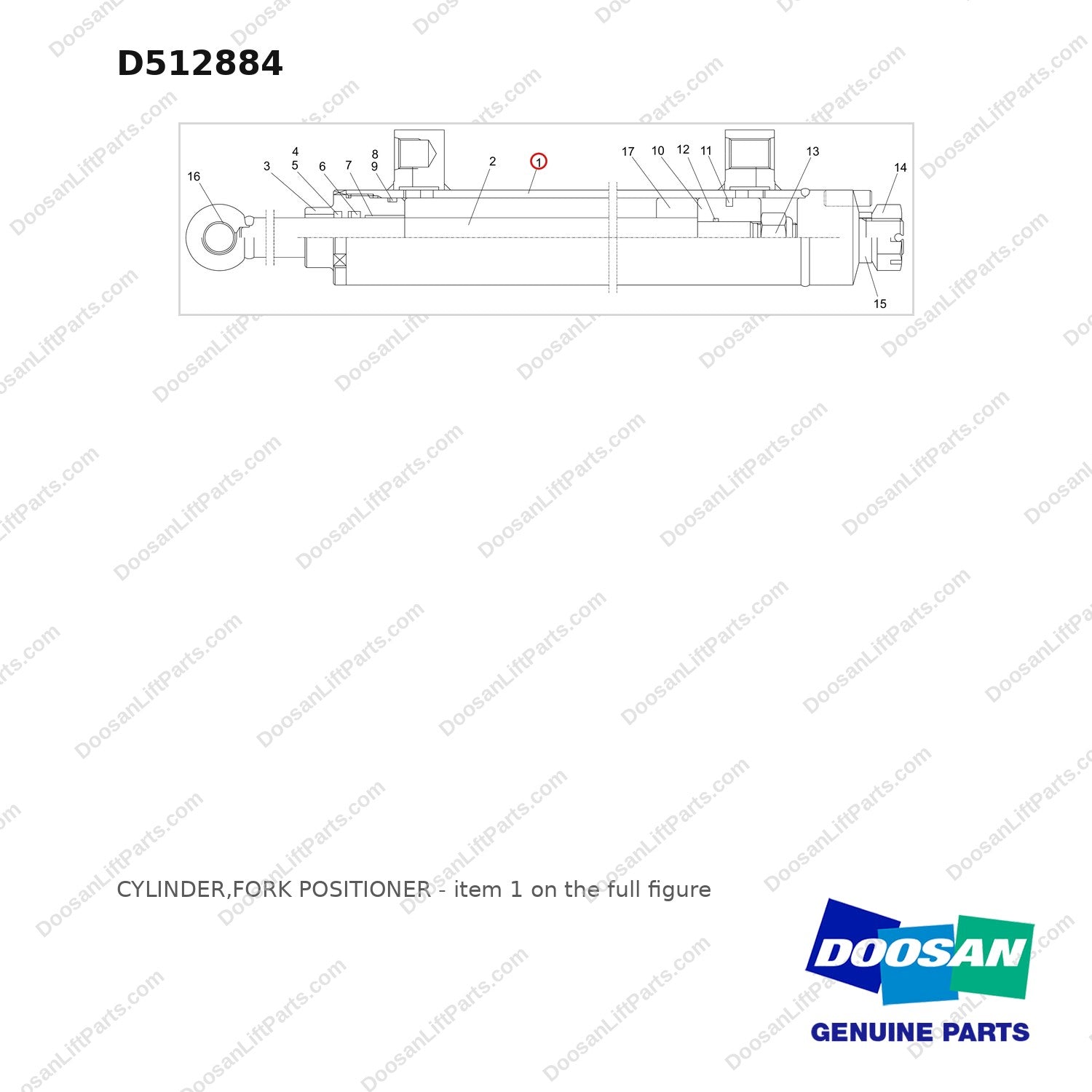 D512884 CYLINDER,FORK POSITIONER - full parts diagram, item 1 marked - genuine Doosan / Bobcat forklift part