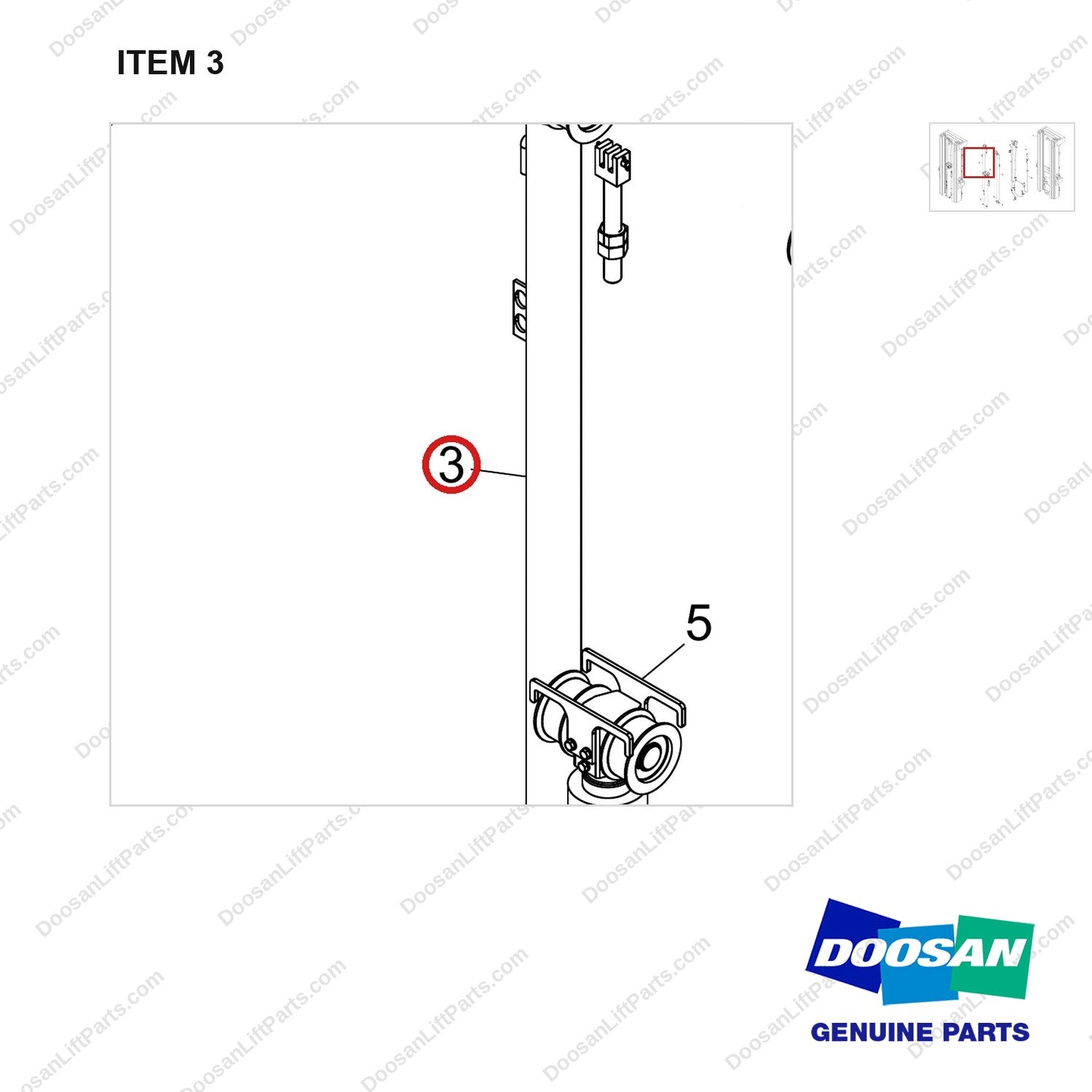 D512982 MAST AR.; FFT,  MFH 3575, OAL - parts diagram, item 3 shown - genuine Doosan / Bobcat forklift part
