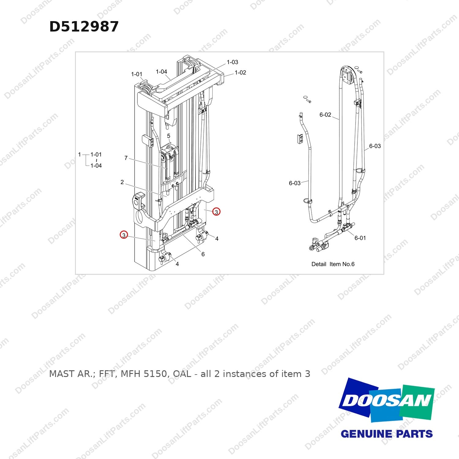 D512987 MAST AR.; FFT,  MFH 5150, OAL - full parts diagram, item 3 marked - genuine Doosan / Bobcat forklift part