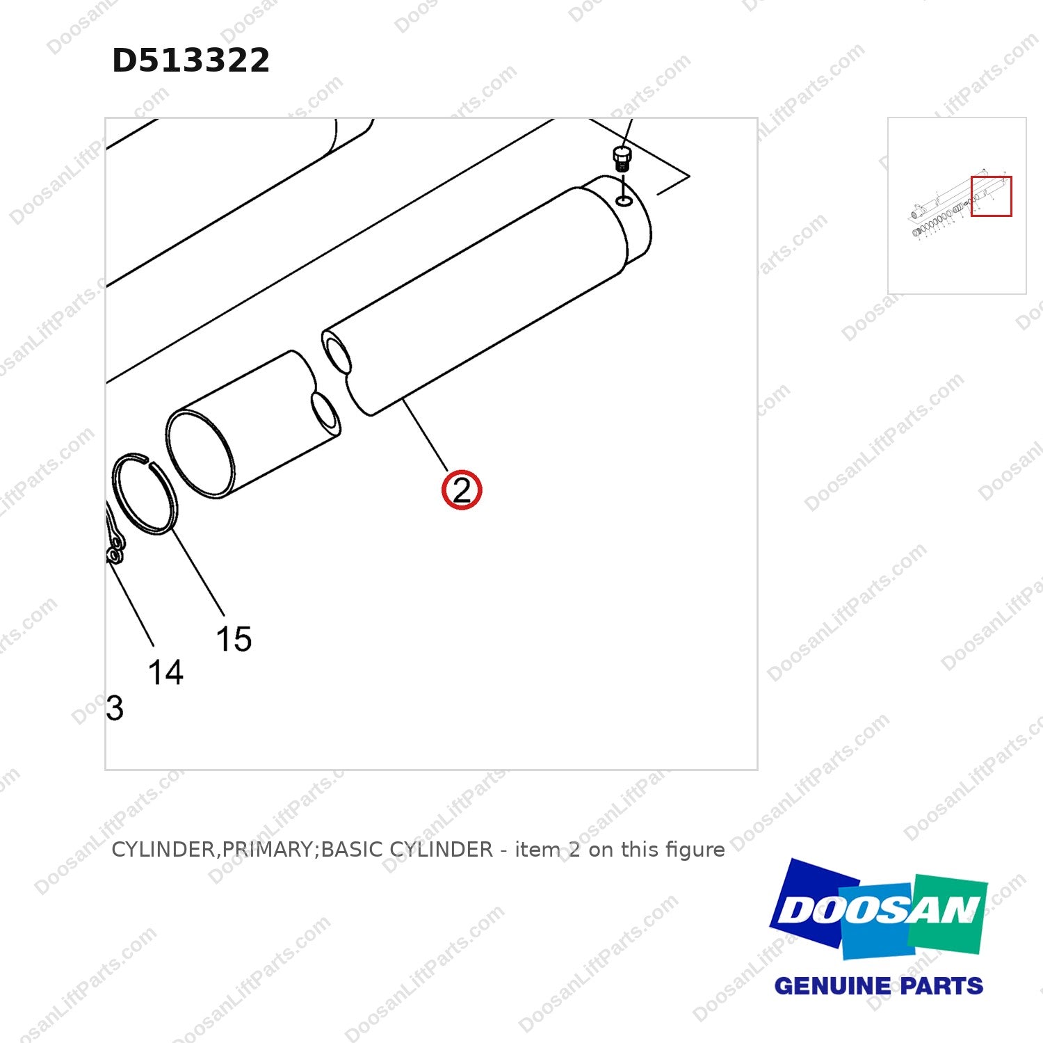 D513322 CYLINDER,PRIMARY;BASIC CYLINDER - parts diagram, item 2 shown - genuine Doosan / Bobcat forklift part