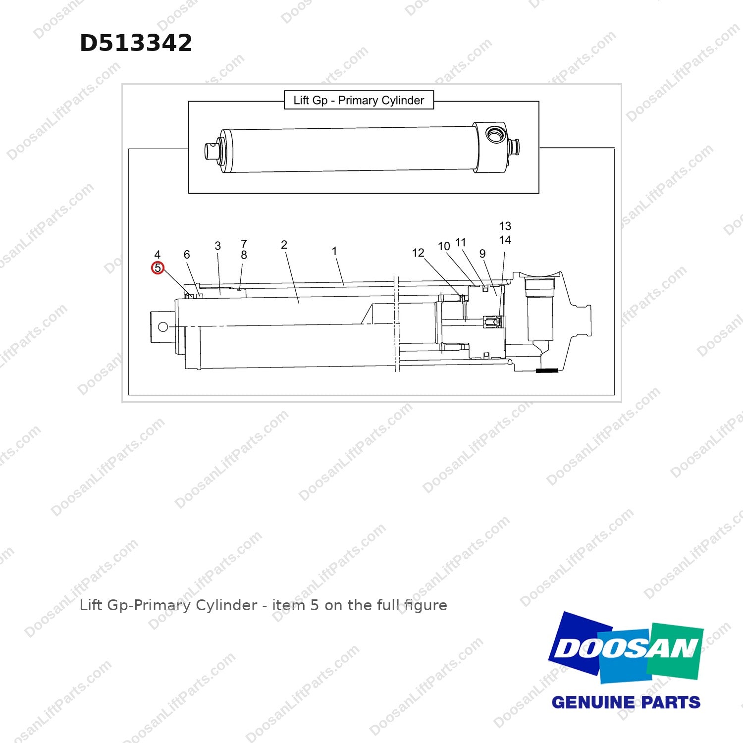 D513342 Lift Gp-Primary Cylinder - full parts diagram, item 5 marked - genuine Doosan / Bobcat forklift part