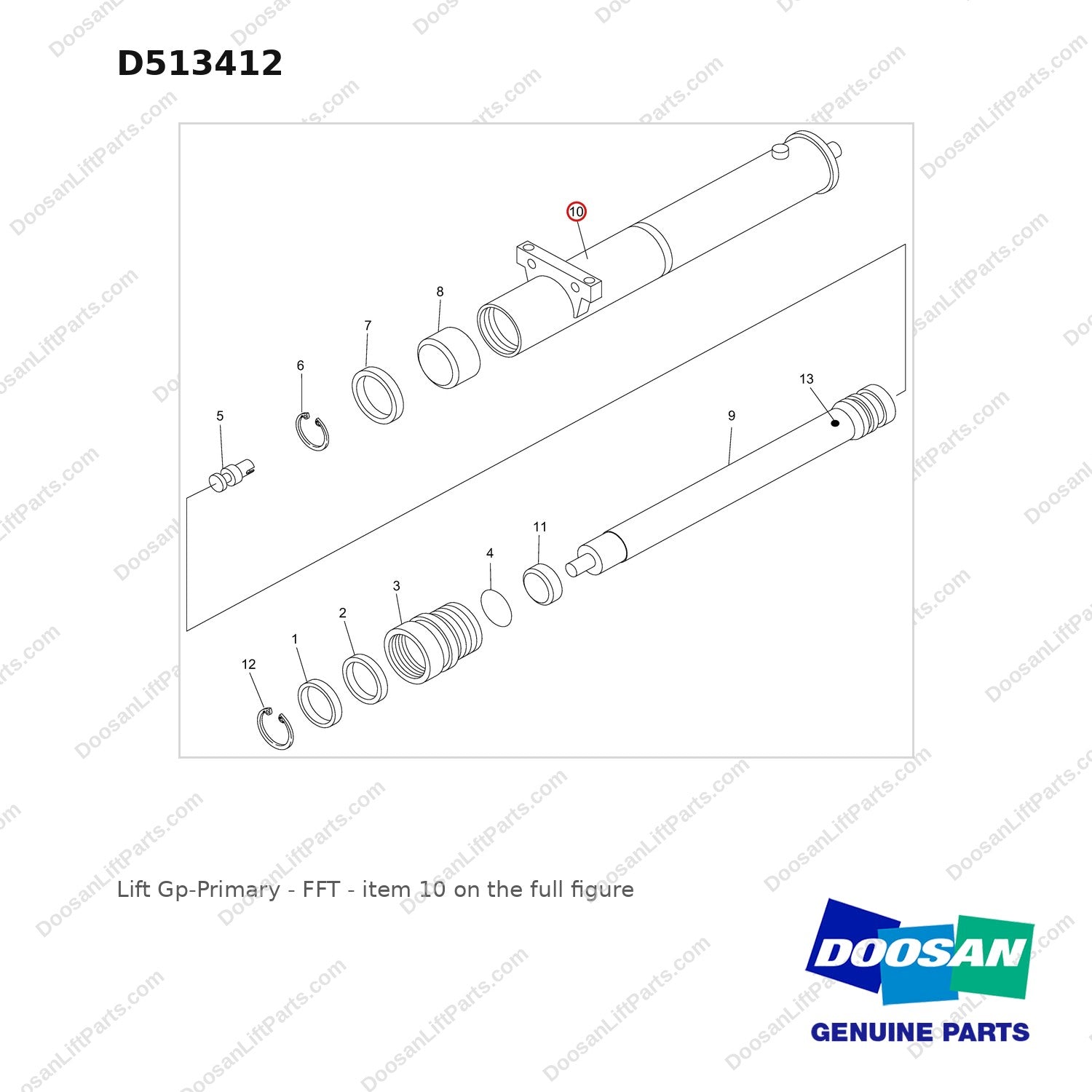 D513412 Lift Gp-Primary - FFT - full parts diagram, item 10 marked - genuine Doosan / Bobcat forklift part