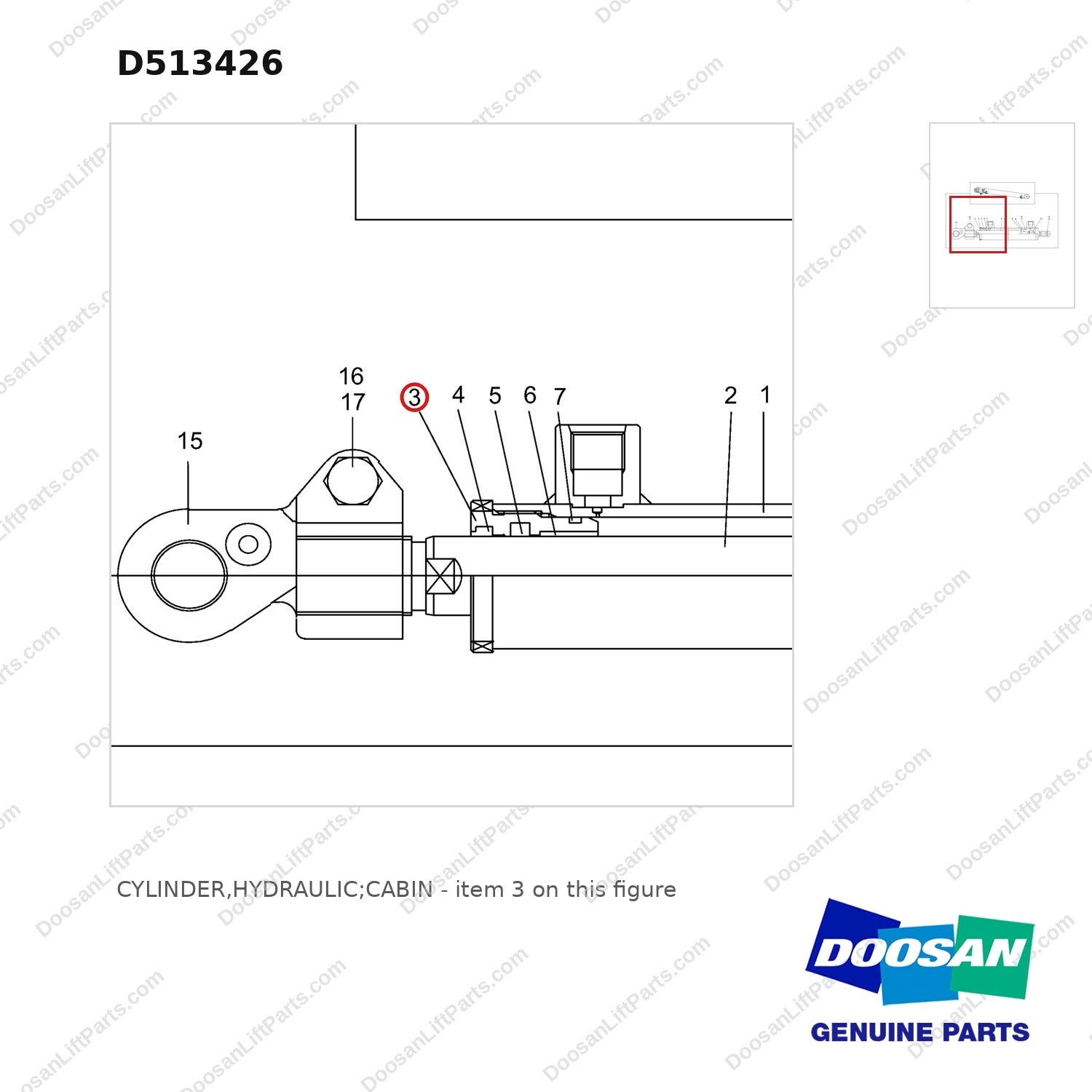 D513426 CYLINDER,HYDRAULIC;CABIN - parts diagram, item 3 shown - genuine Doosan / Bobcat forklift part