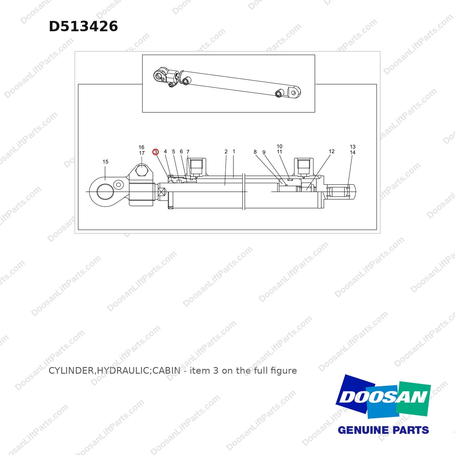 D513426 CYLINDER,HYDRAULIC;CABIN - full parts diagram, item 3 marked - genuine Doosan / Bobcat forklift part