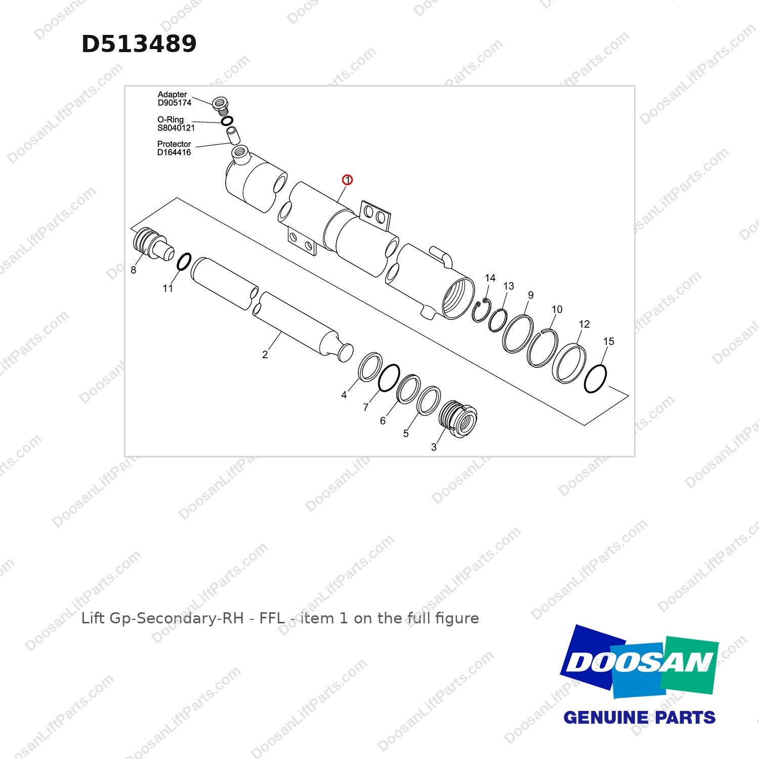 D513489 Lift Gp-Secondary-RH - FFL - full parts diagram, item 1 marked - genuine Doosan / Bobcat forklift part