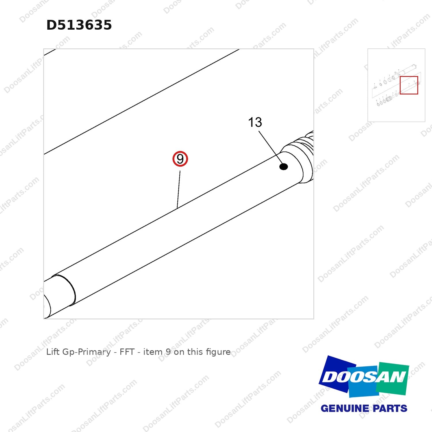 D513635 Lift Gp-Primary - FFT - parts diagram, item 9 shown - genuine Doosan / Bobcat forklift part