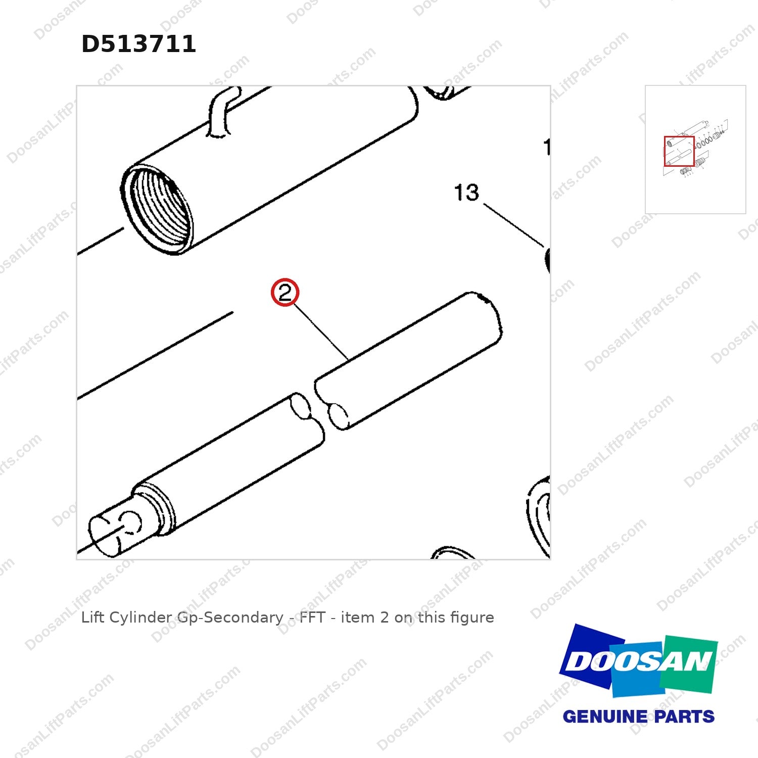 D513711 Lift Cylinder Gp-Secondary - FFT - parts diagram, item 2 shown - genuine Doosan / Bobcat forklift part