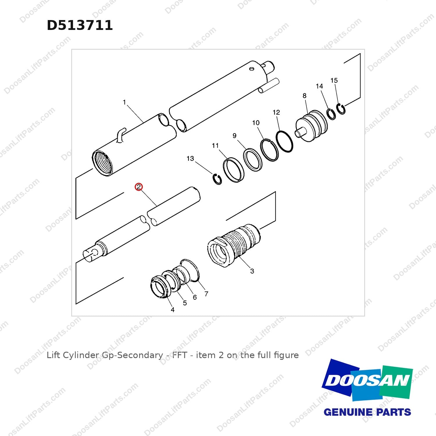 D513711 Lift Cylinder Gp-Secondary - FFT - full parts diagram, item 2 marked - genuine Doosan / Bobcat forklift part